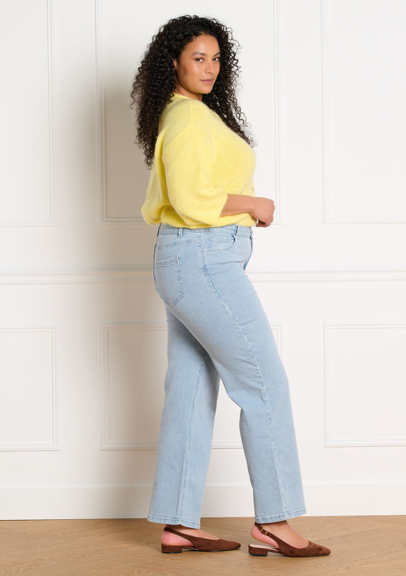 Gestreepte denim broek met rechte pijpen - BLUE DENIM - 06004675_1638