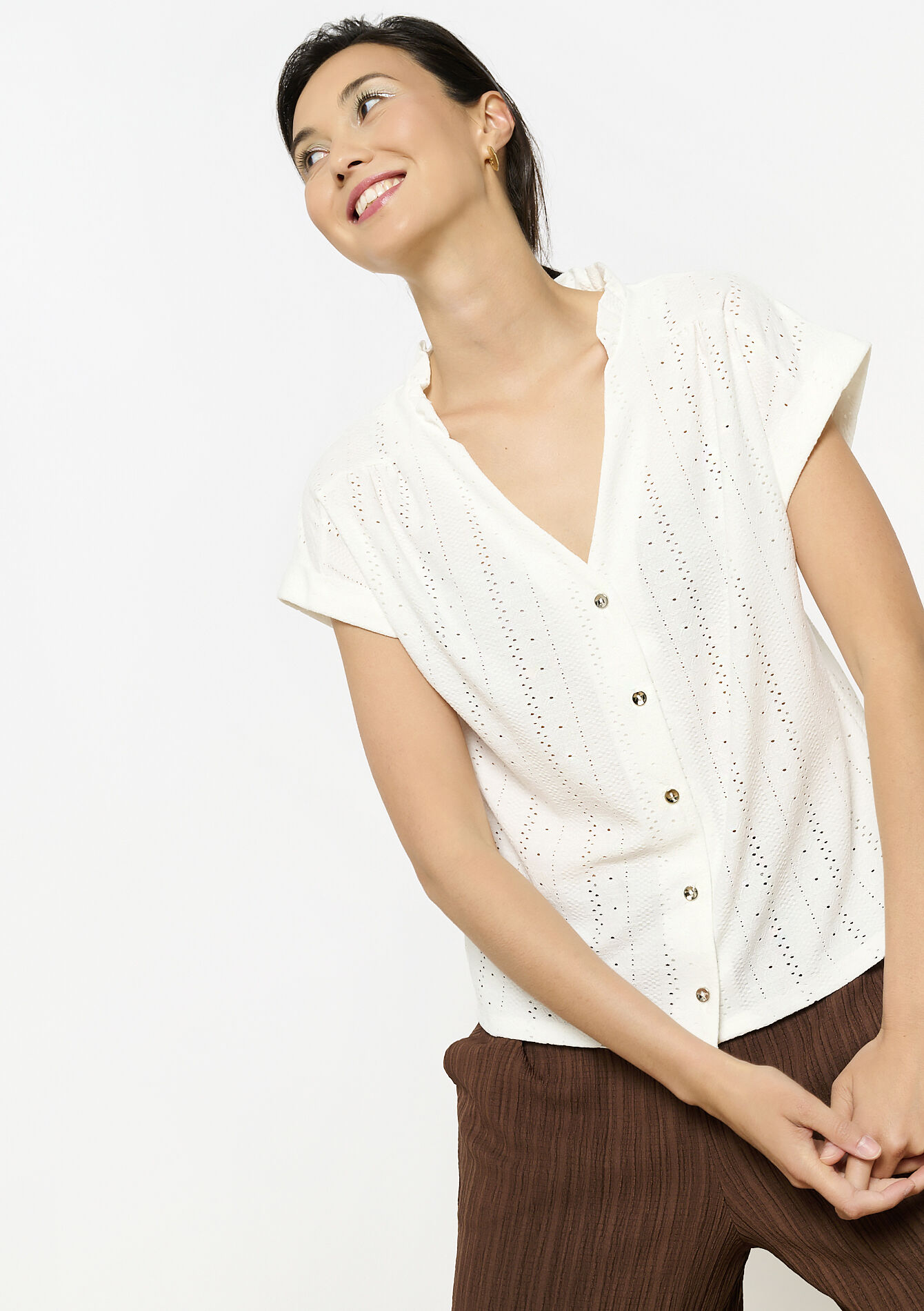 Opengewerkte top met knopen, Opengewerkte top met knopen - OPTICAL WHITE - 02301860_1019