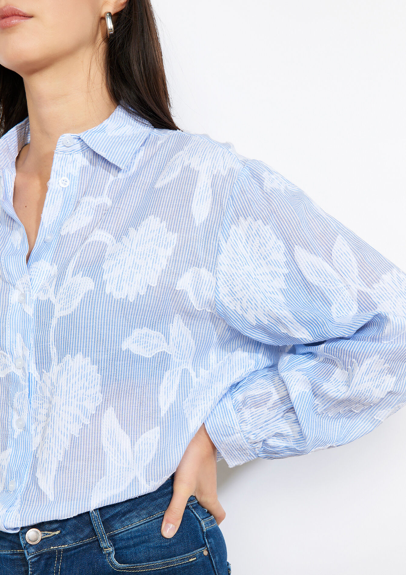 Blouse met bloemenborduursel, Blouse met bloemenborduursel - BLUE PASTEL - 05702876_3003