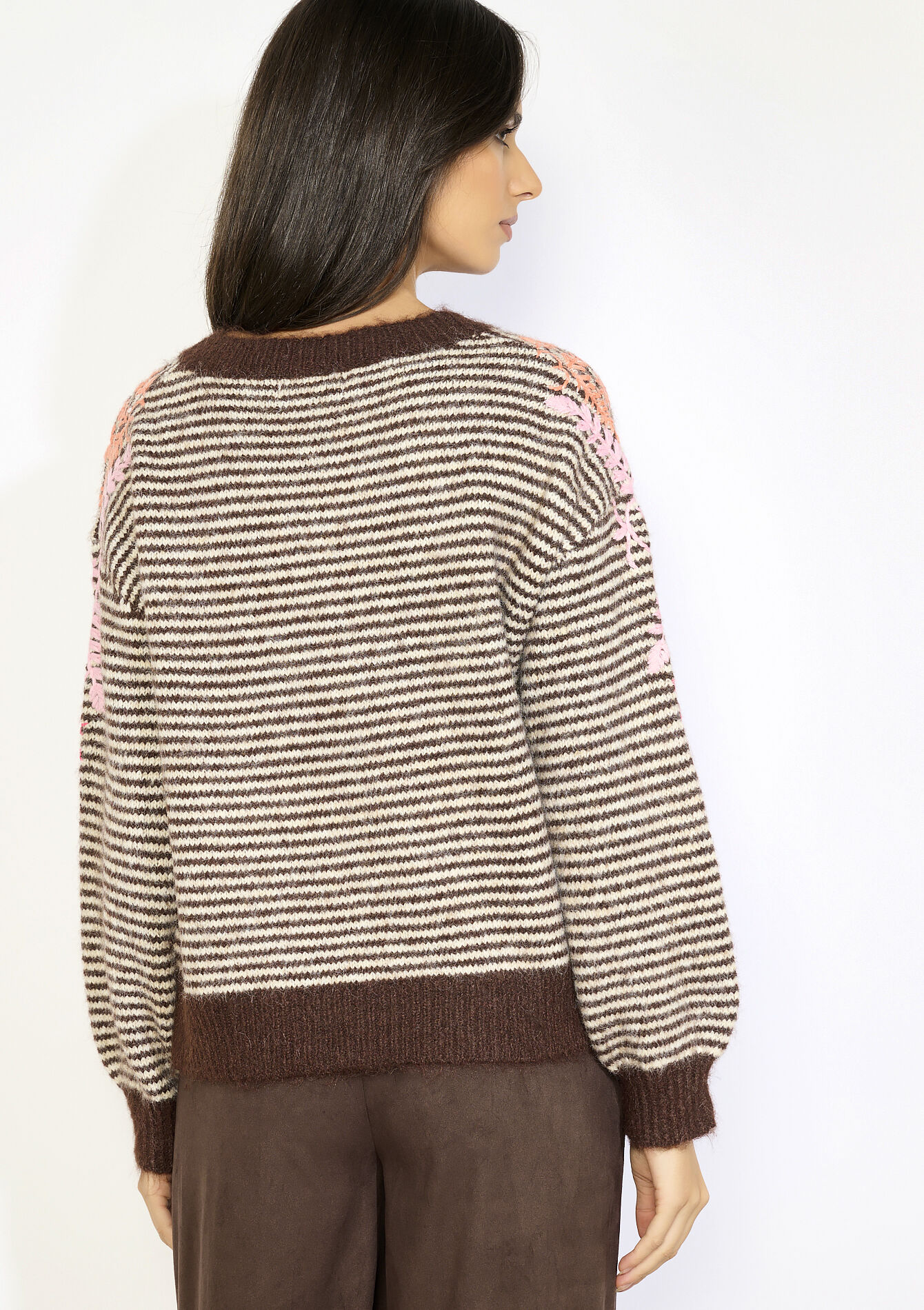 Pull rayé brodé - BROWN DARK CHOCOLATE - 04007063_3720