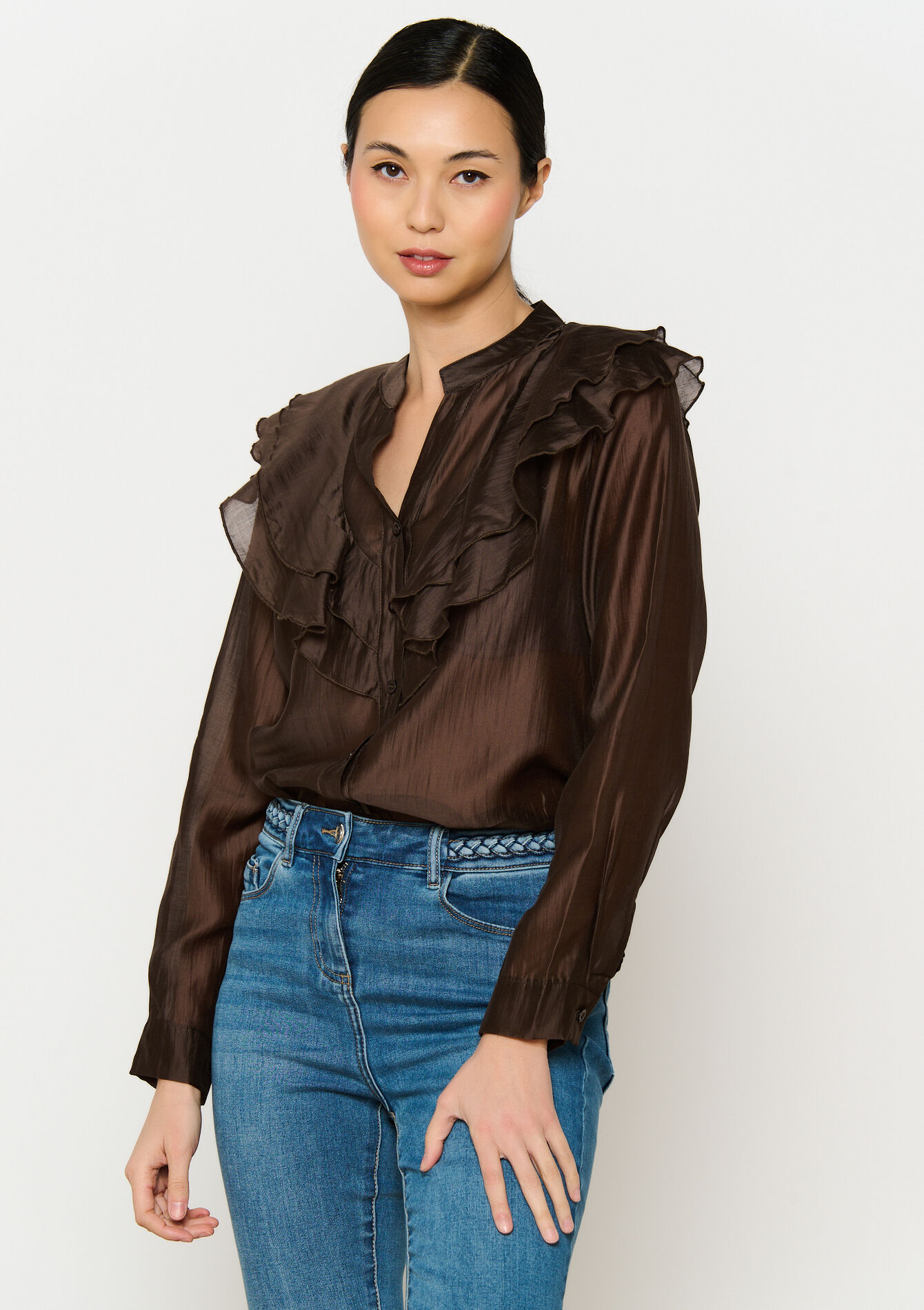 Shirt with ruffles, Shirt with ruffles - BROWN DARK CHOCOLATE - 05702752_3720