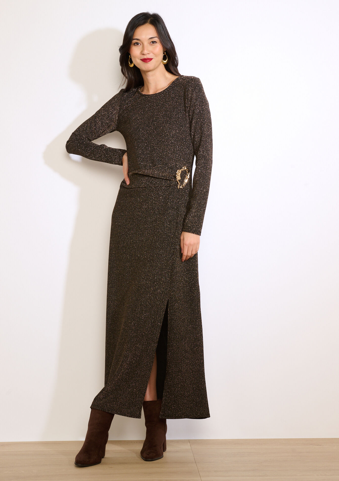 Shiny slit maxi dress - GOLD - 08104416_1058