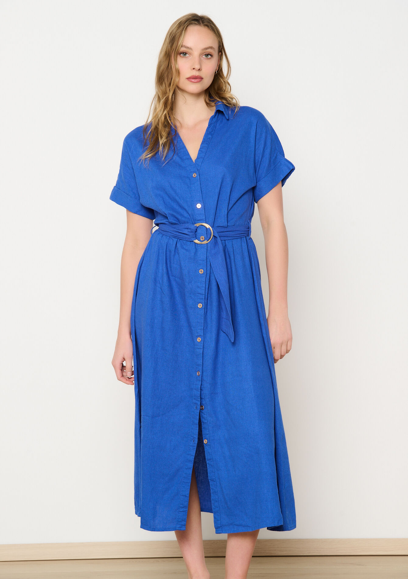 Linen shirt dress with belt, Linen shirt dress with belt - ELECTRIC BLUE - 08103885_1619