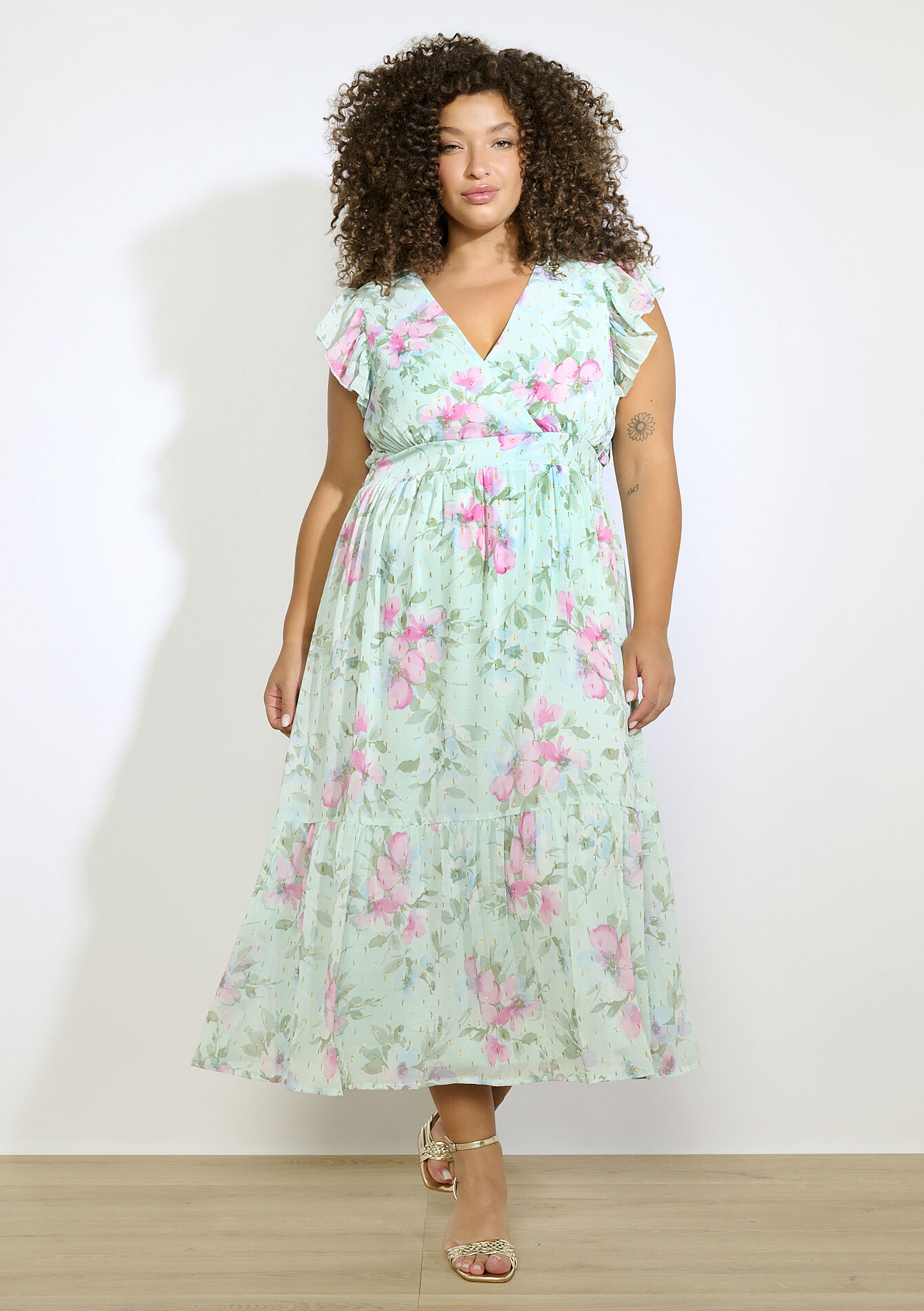 Maxi-jurk met bloemen, Maxi-jurk met bloemen - MINT GREEN - 08103940_1723