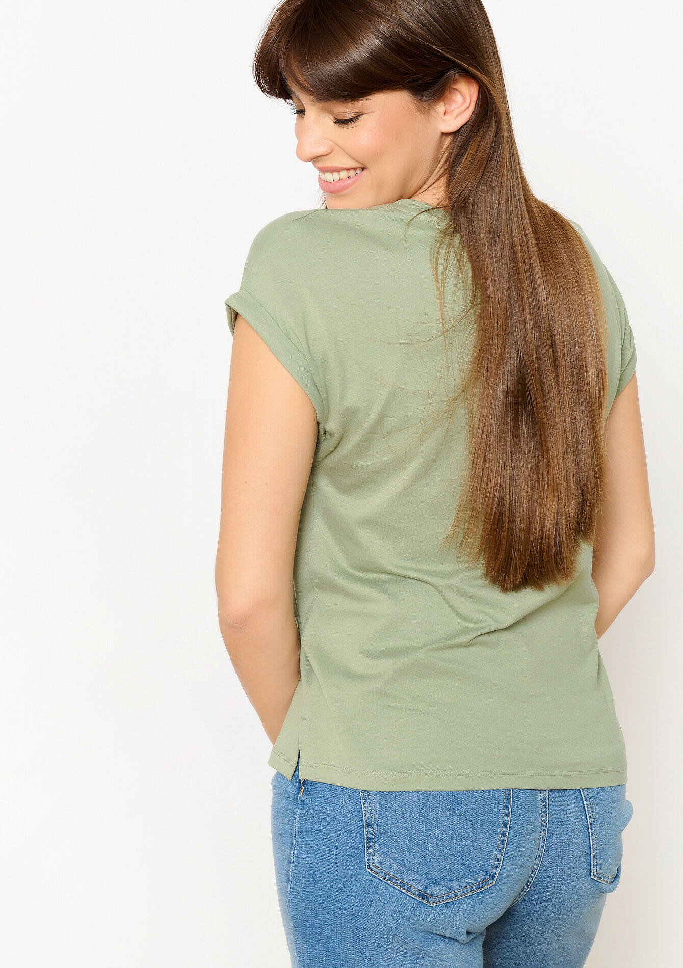 T-shirt basique à col V - KHAKI FADED - 02301634_4326