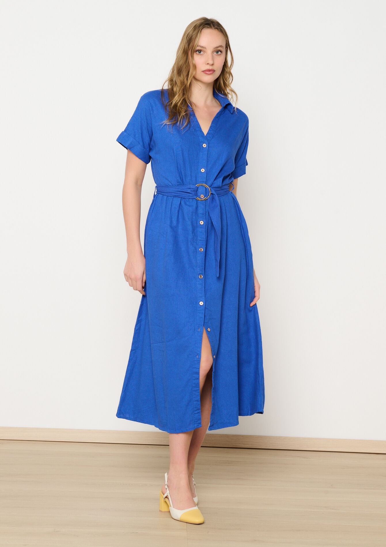 Linen shirt dress with belt, Linen shirt dress with belt - ELECTRIC BLUE - 08103885_1619
