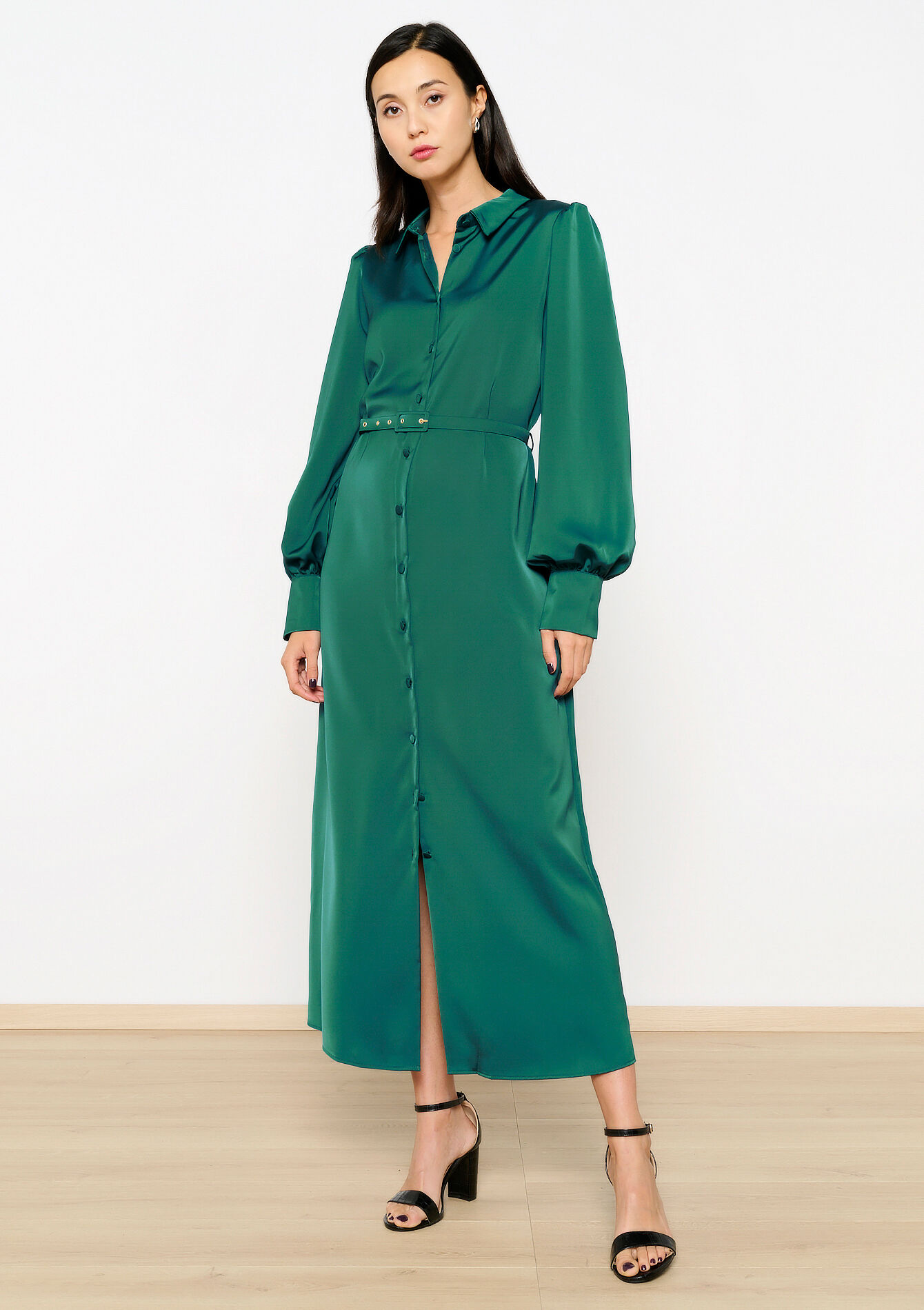 Satin dress with belt, Satin dress with belt - BOTTLE GREEN - 08103853_1778