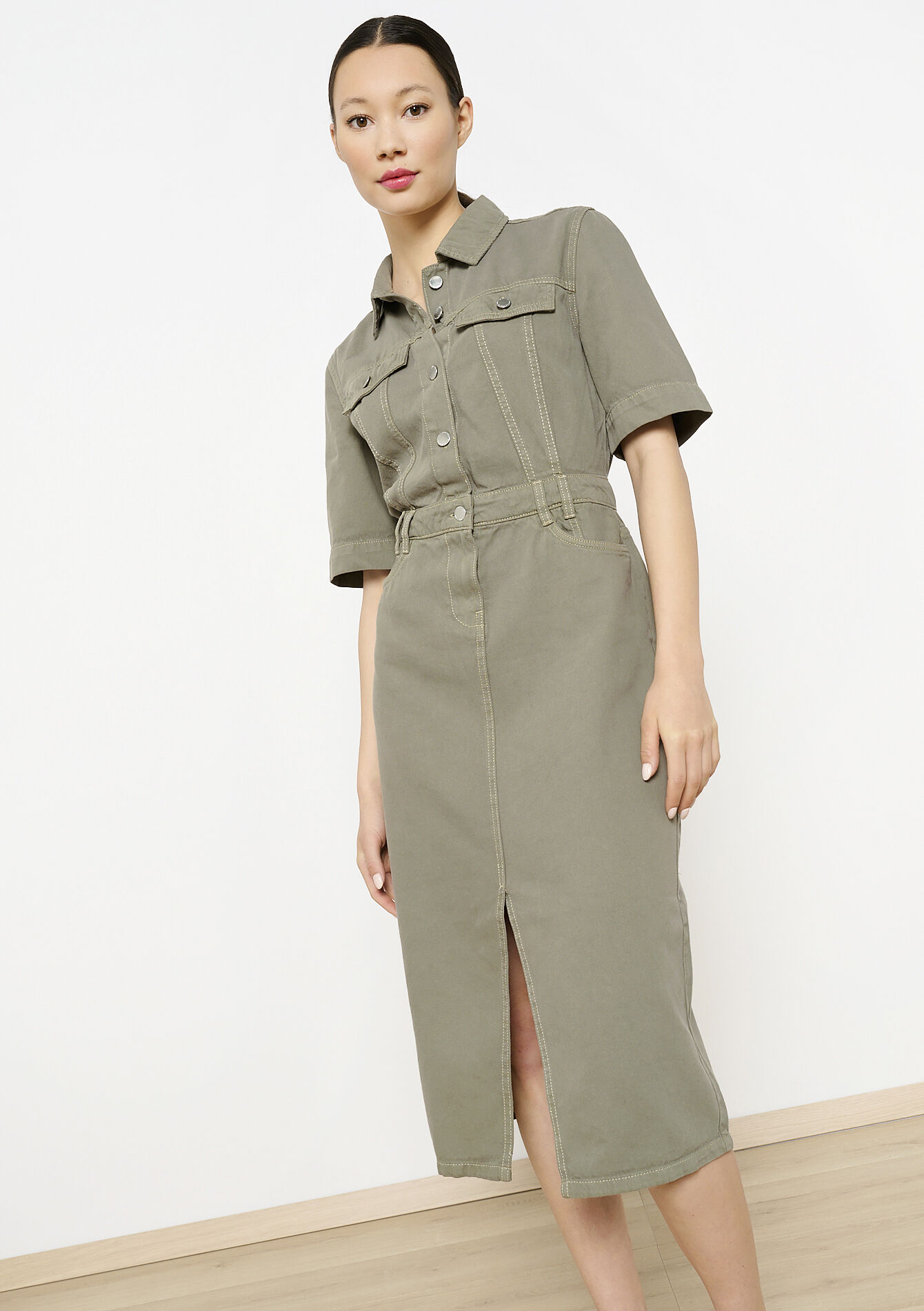 Robe mi-longue en coton, Robe mi-longue en coton - KHAKI DARKY - 08103864_4208