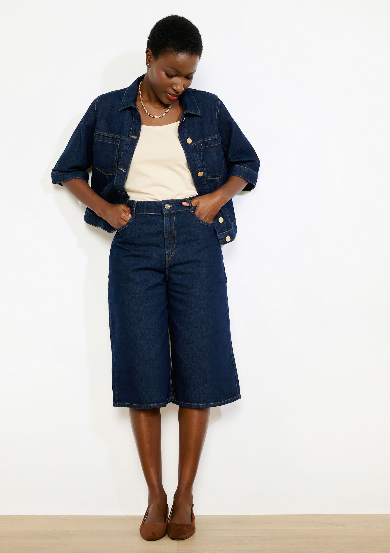 Denim bermuda met hoge taille - DARK BLUE - 22000662_0501