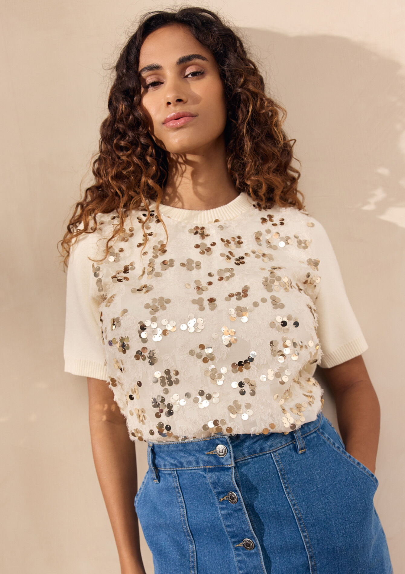 T-shirt with sequins, T-shirt with sequins - OFFWHITE - 04006840_1001