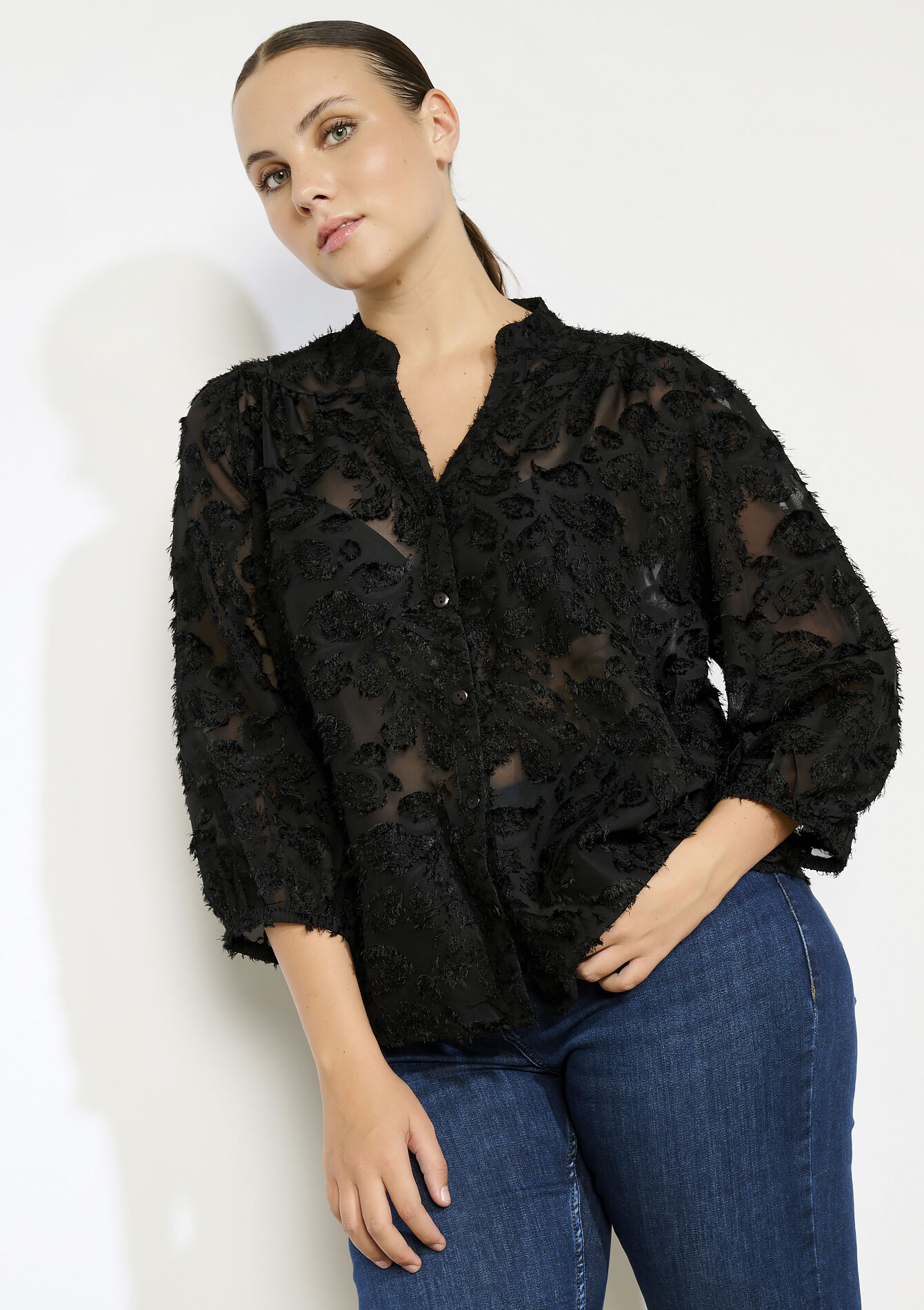Transparant overhemd met structuur - BLACK - 05702855_1119