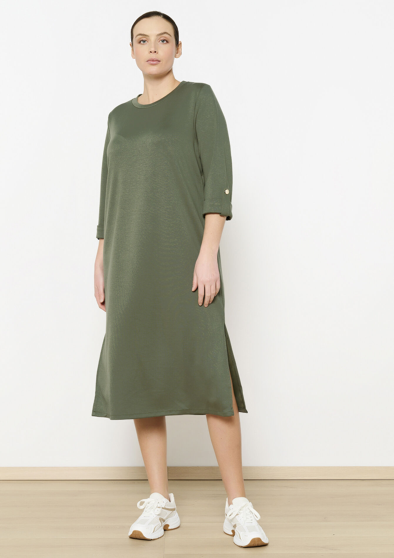 Rechte sweaterjurk met driekwartsmouwen, Rechte sweaterjurk met driekwartsmouwen - KHAKI MED - 08104018_4327