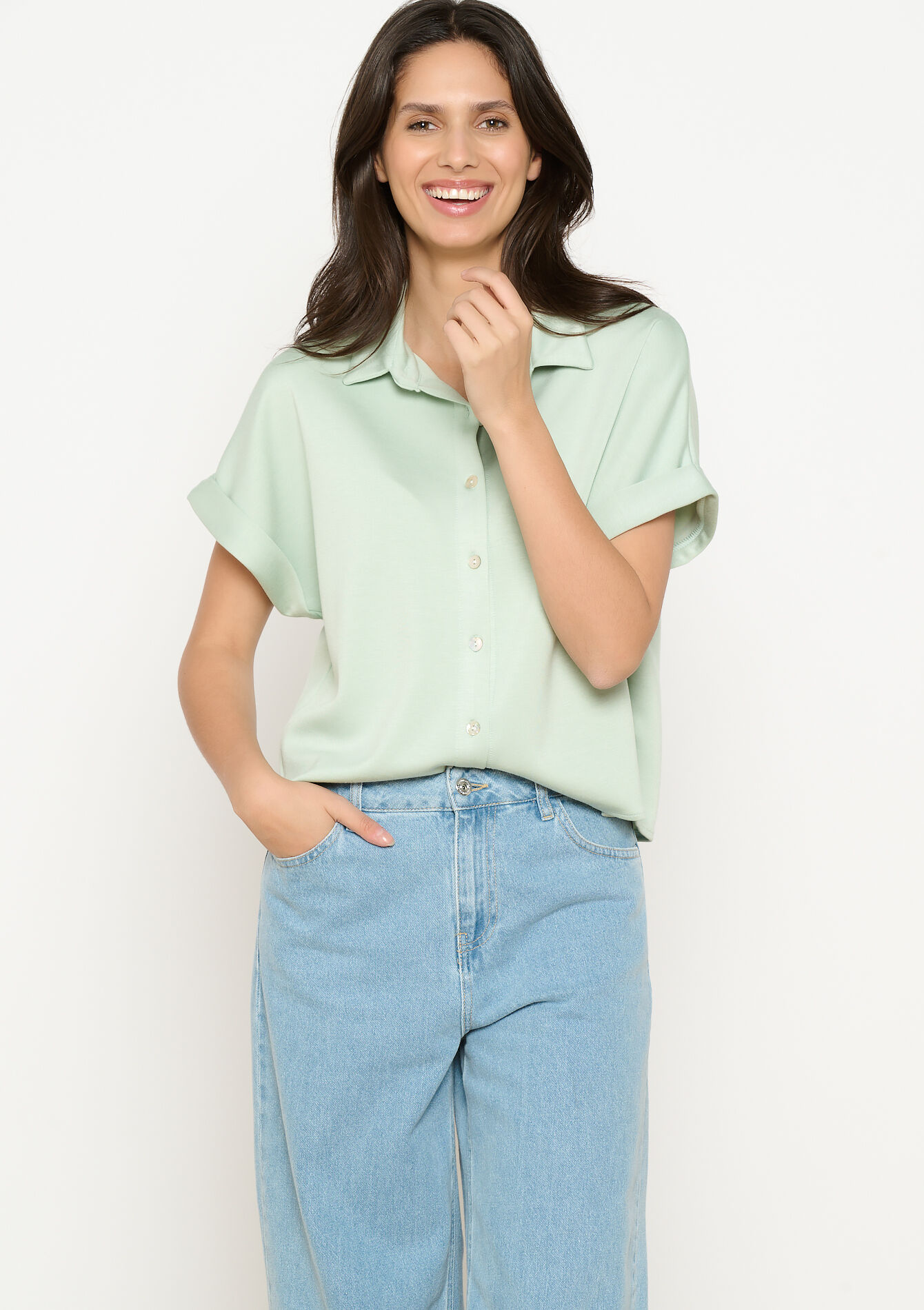 Losvallend hemd met korte mouwen, Losvallend hemd met korte mouwen - MINT GREEN - 02301804_1723