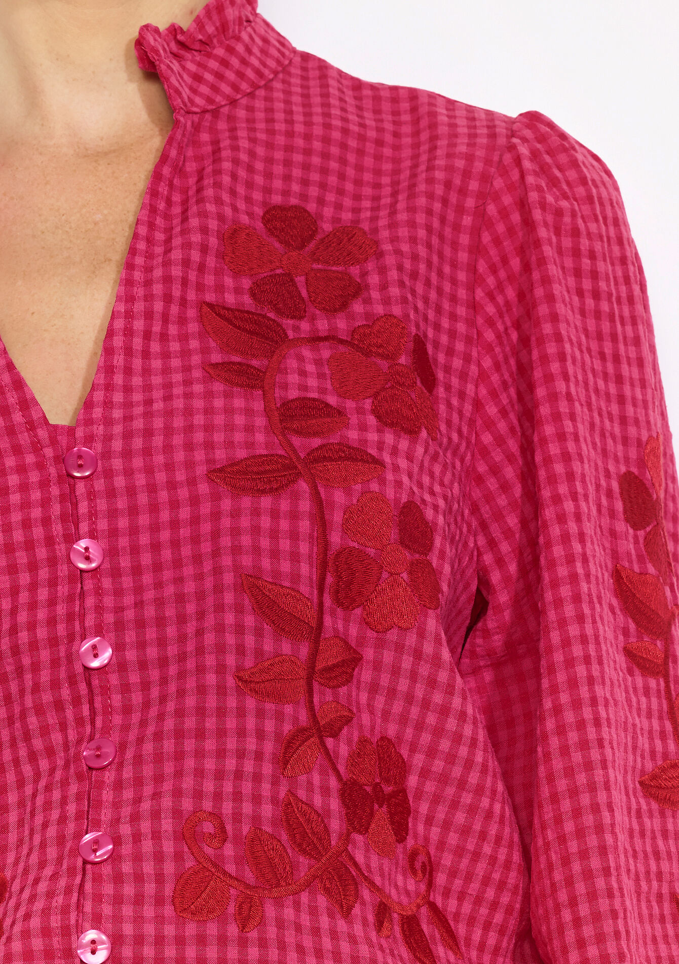Losvallende geborduurde blouse - FUCHSIA - 05702910_5626