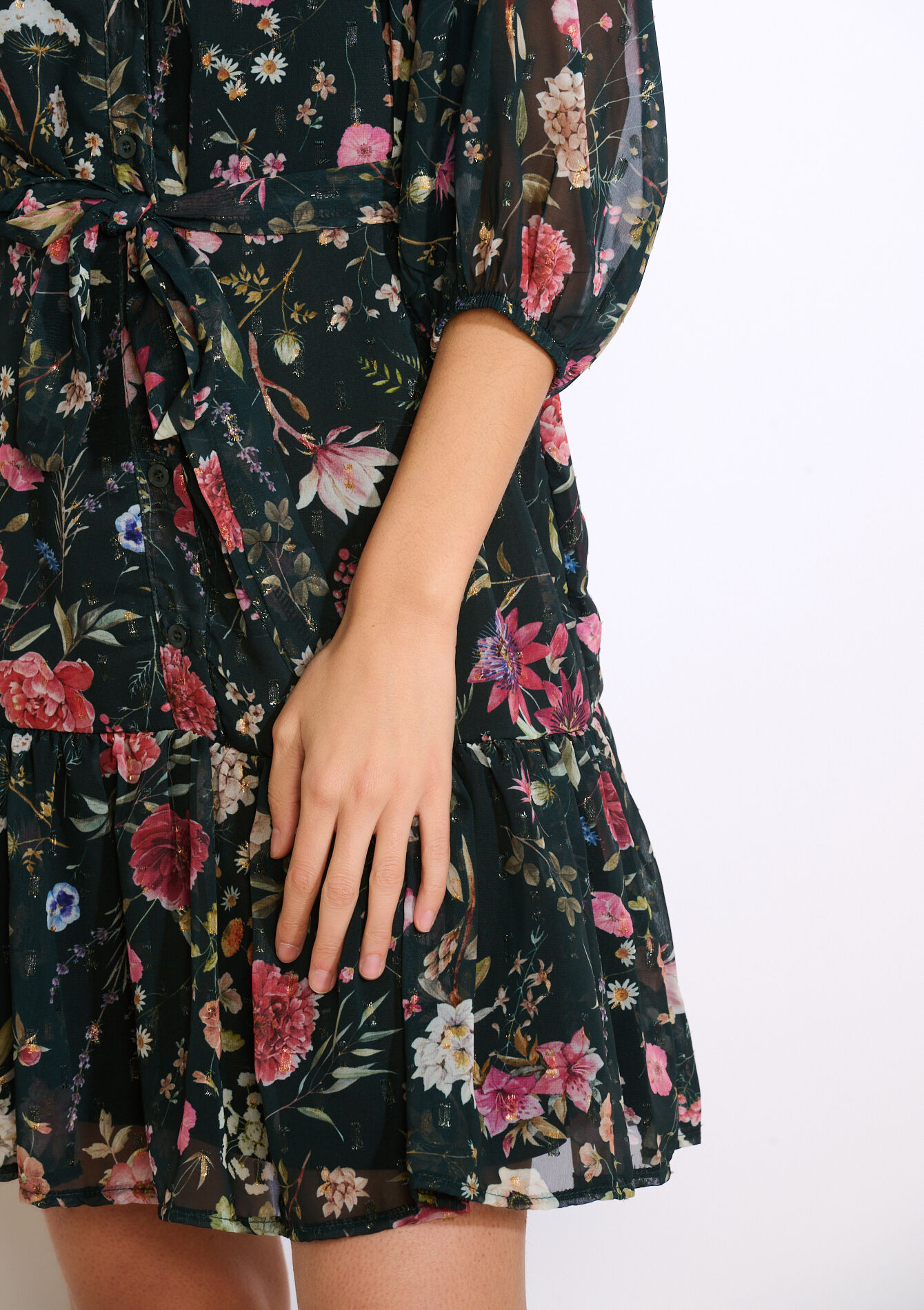 Floral belted short dress - BOTTLE GREEN - 08104310_1778