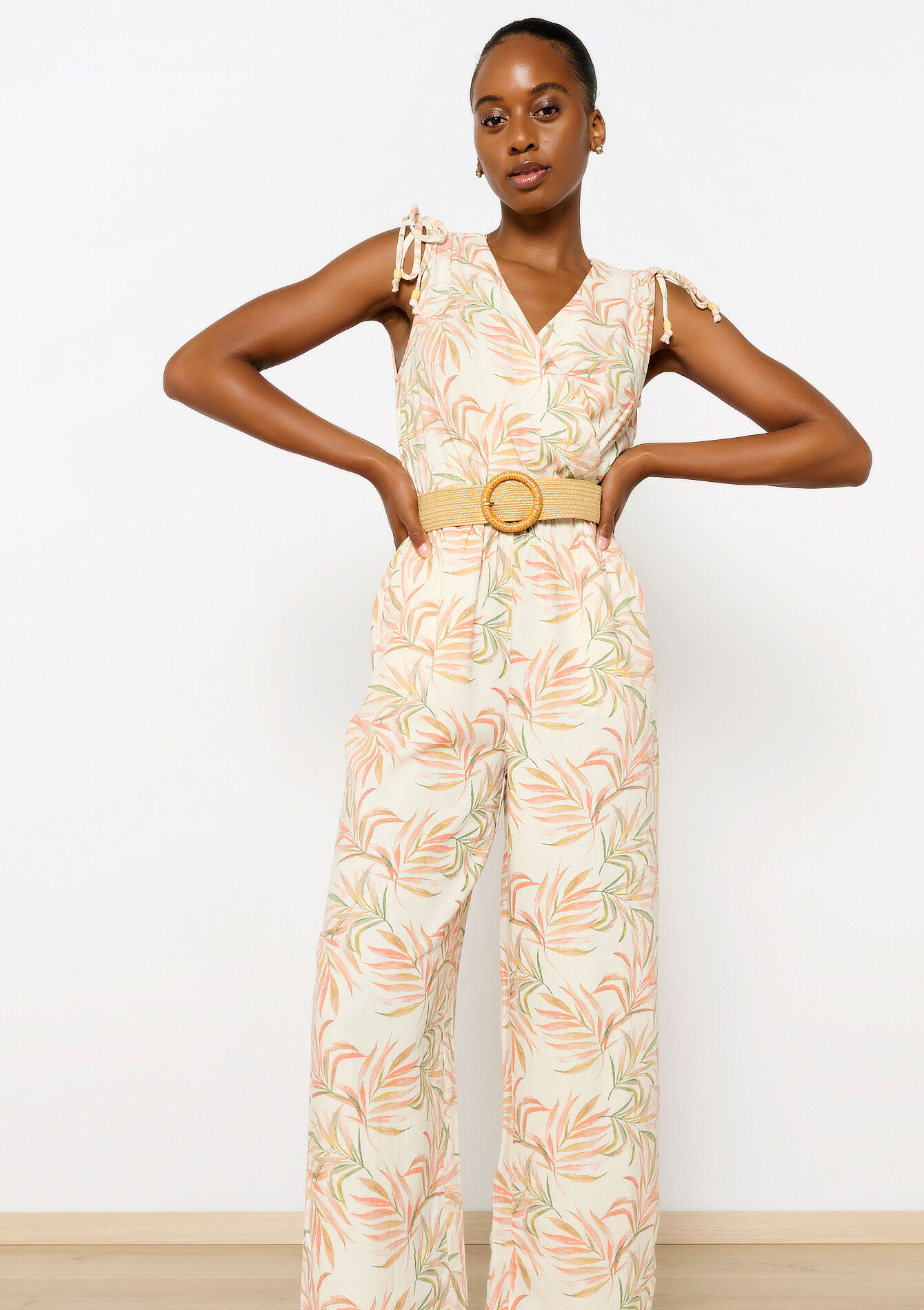 Linen jumpsuit with leaf print, Linen jumpsuit with leaf print - OFFWHITE - 06004473_1001