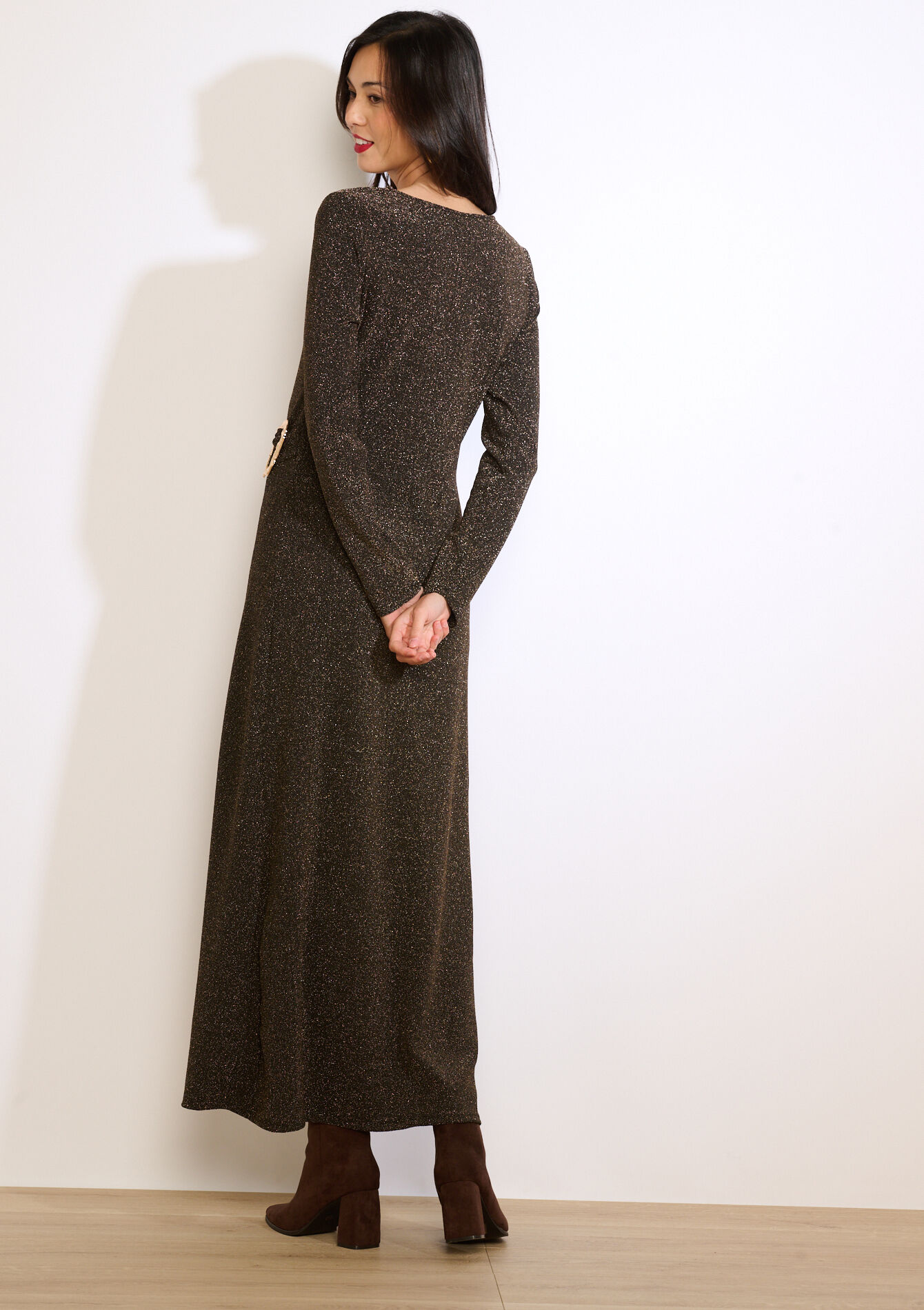 Shiny slit maxi dress - GOLD - 08104416_1058