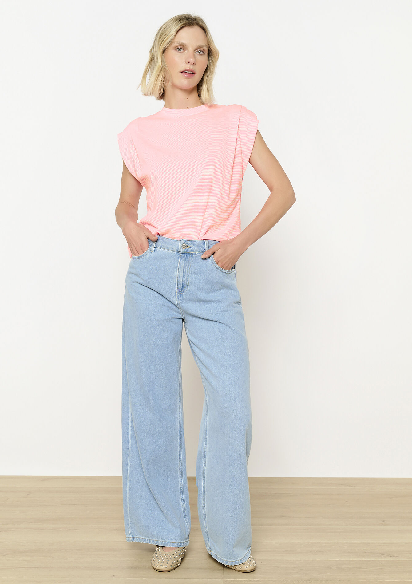 Plissé top met fijne strepen, Plissé top met fijne strepen - FLUO PINK - 02200505_5727