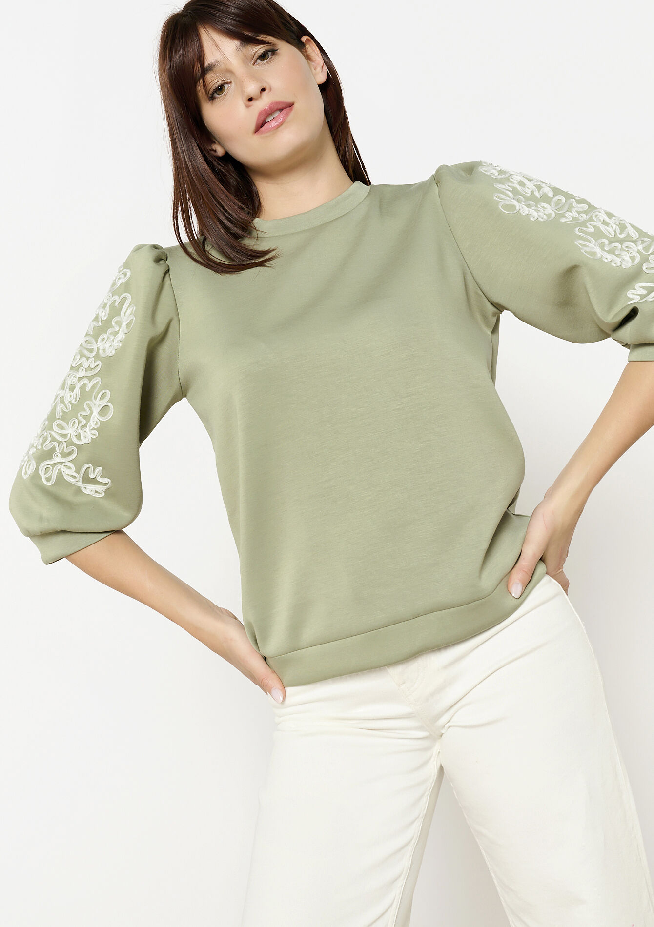 Sweatshirt met ballonmouwen, Sweatshirt met ballonmouwen - KHAKI TILLEUL - 03001761_4406
