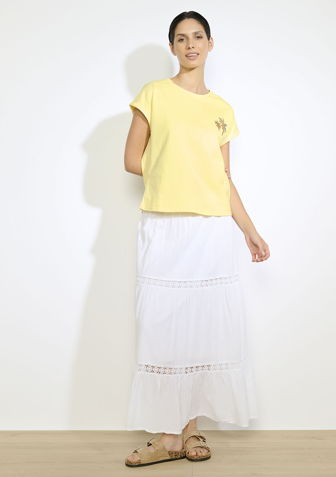 T-shirt met borduursel - YELLOW PASTEL - 02301784_5004