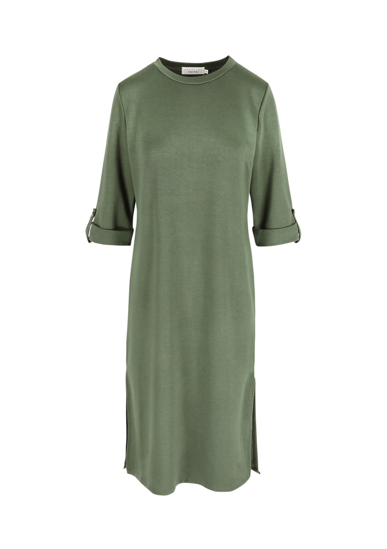Rechte sweaterjurk met driekwartsmouwen, Rechte sweaterjurk met driekwartsmouwen - KHAKI MED - 08104018_4327