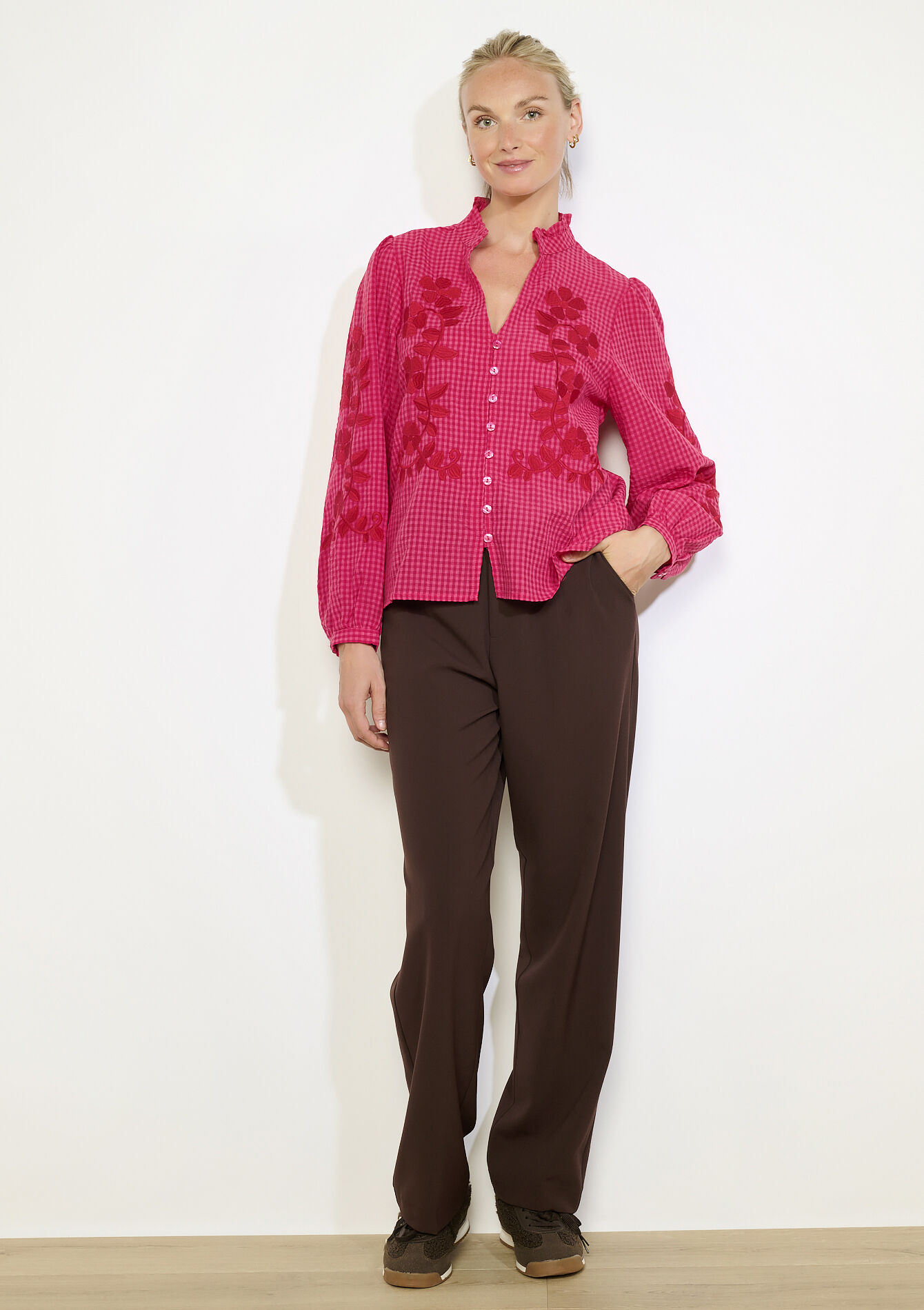 Losvallende geborduurde blouse - FUCHSIA - 05702910_5626