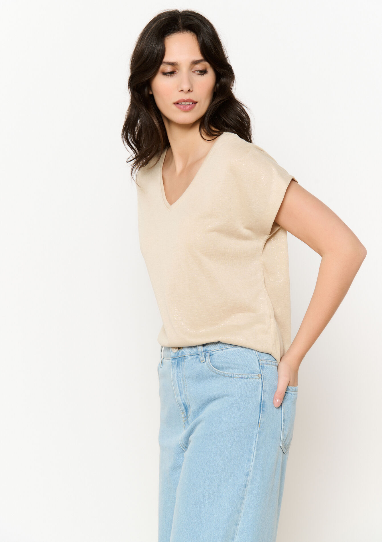 Vloeiend glanzend t-shirt, Vloeiend glanzend t-shirt - LT BEIGE - 02301692_2527