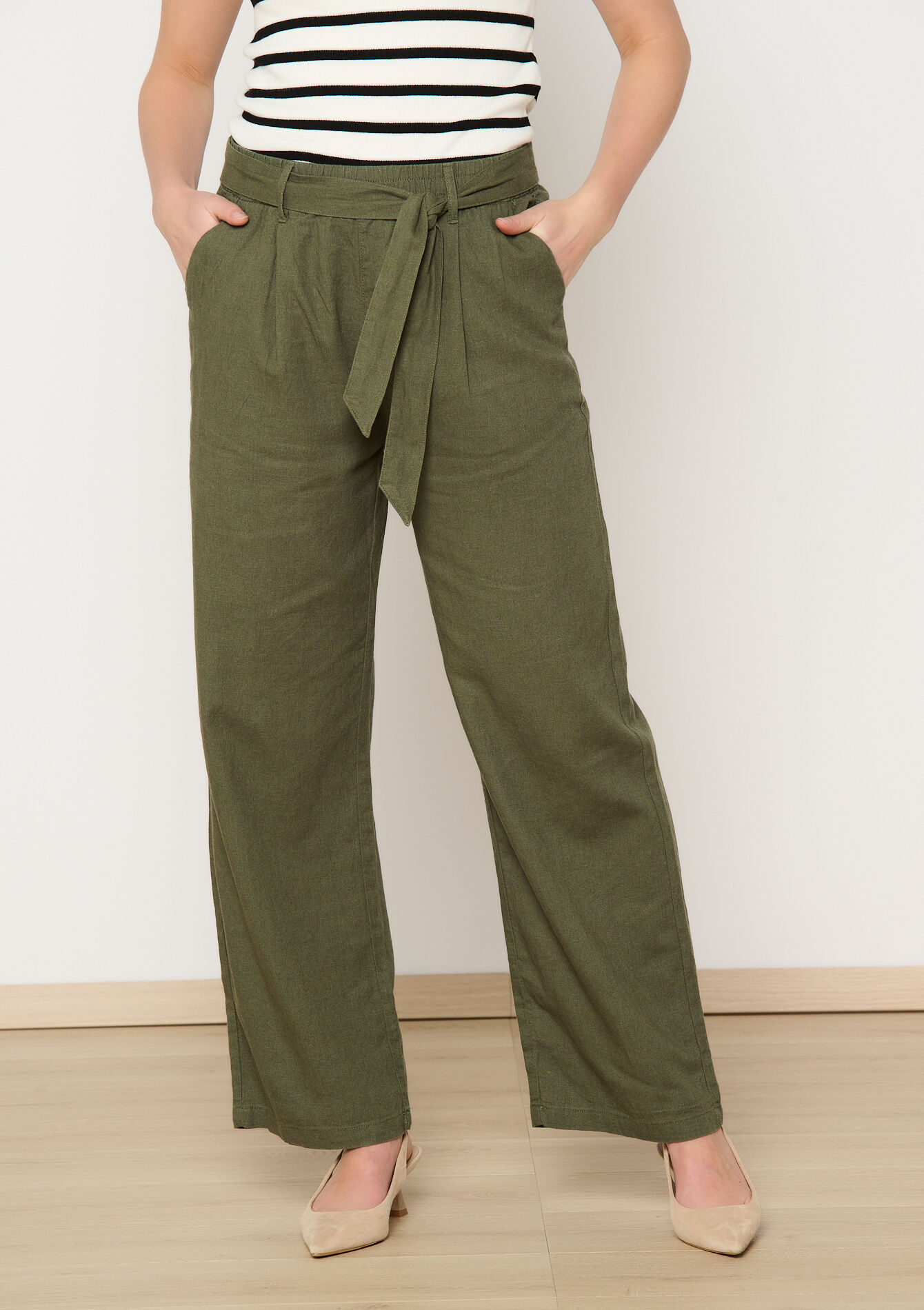Linen pants with belt - KHAKI MED - 1116686
