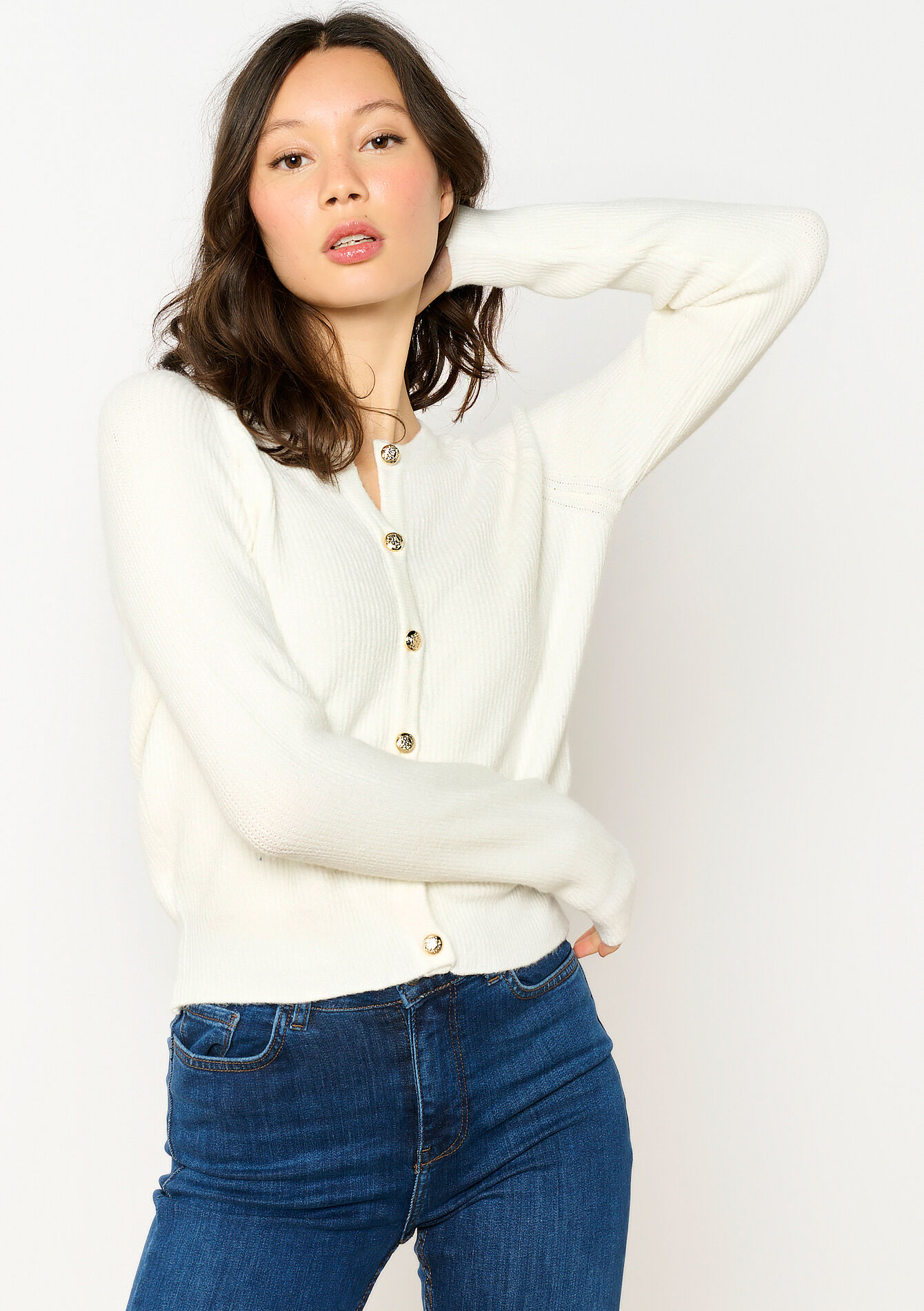 Geribde cardigan met ronde hals, Geribde cardigan met ronde hals - OFFWHITE - 04101253_1001