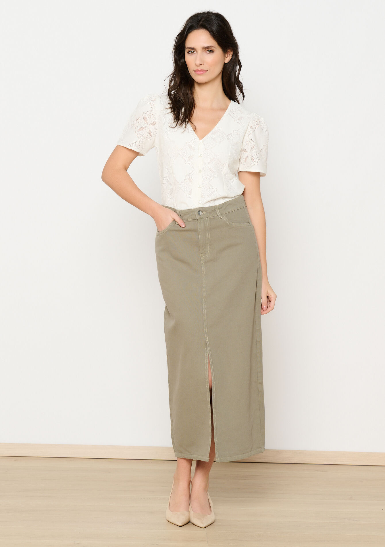 Maxirok met split - KHAKI MED - 07101295_4327