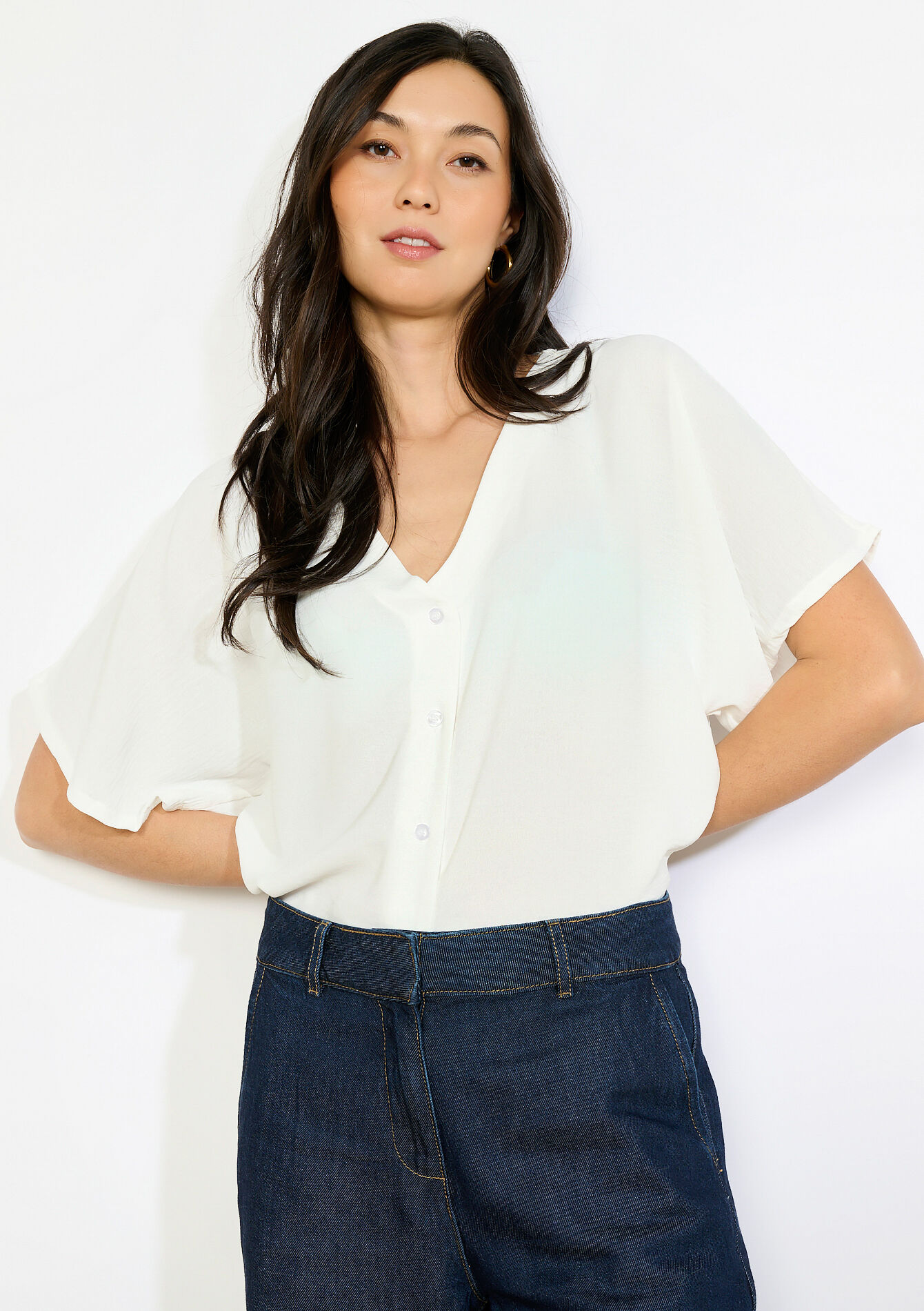 Losvallende blouse met korte mouwen - OPTICAL WHITE - 05703048_1019