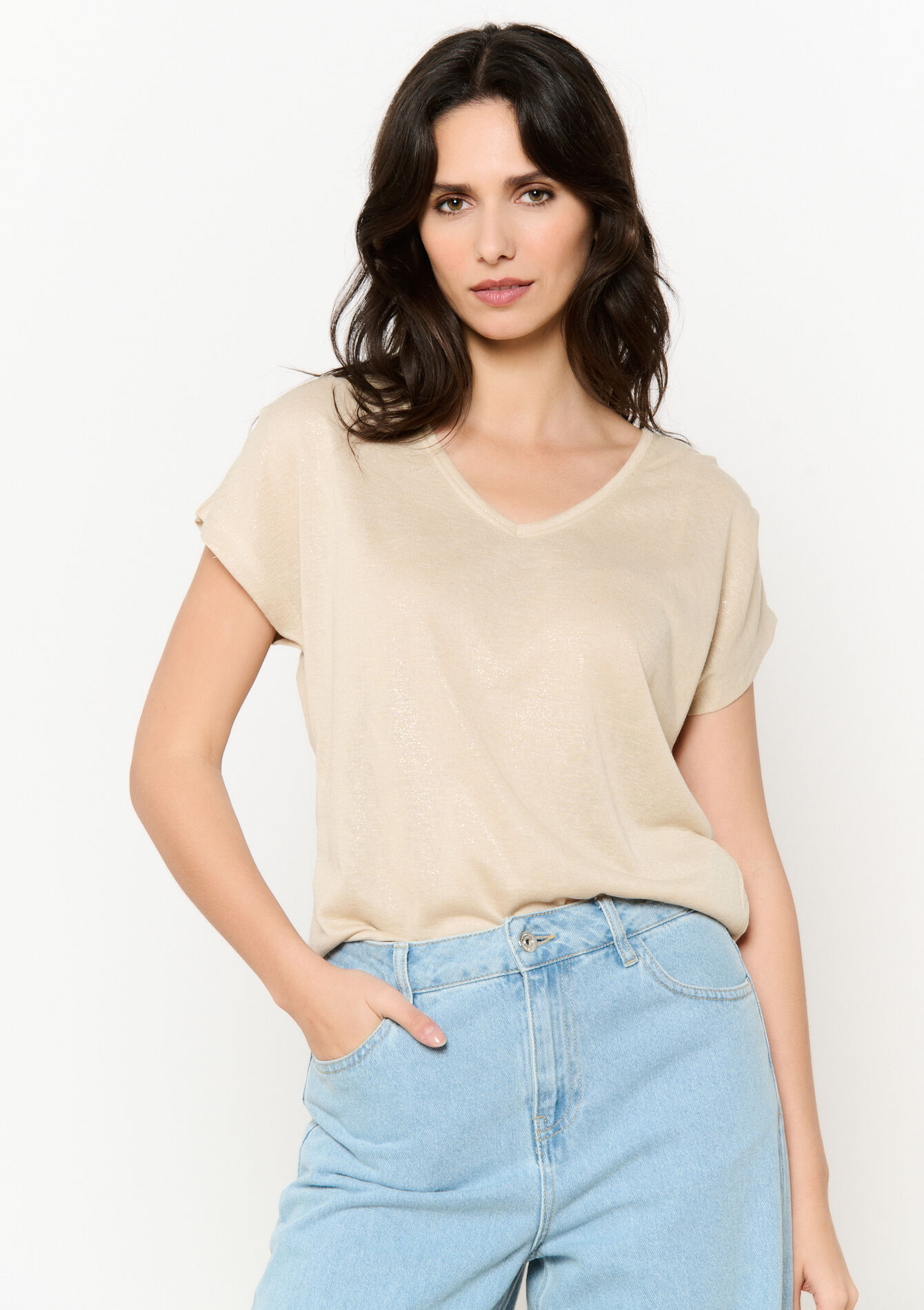 Vloeiend glanzend t-shirt, Vloeiend glanzend t-shirt - LT BEIGE - 02301692_2527