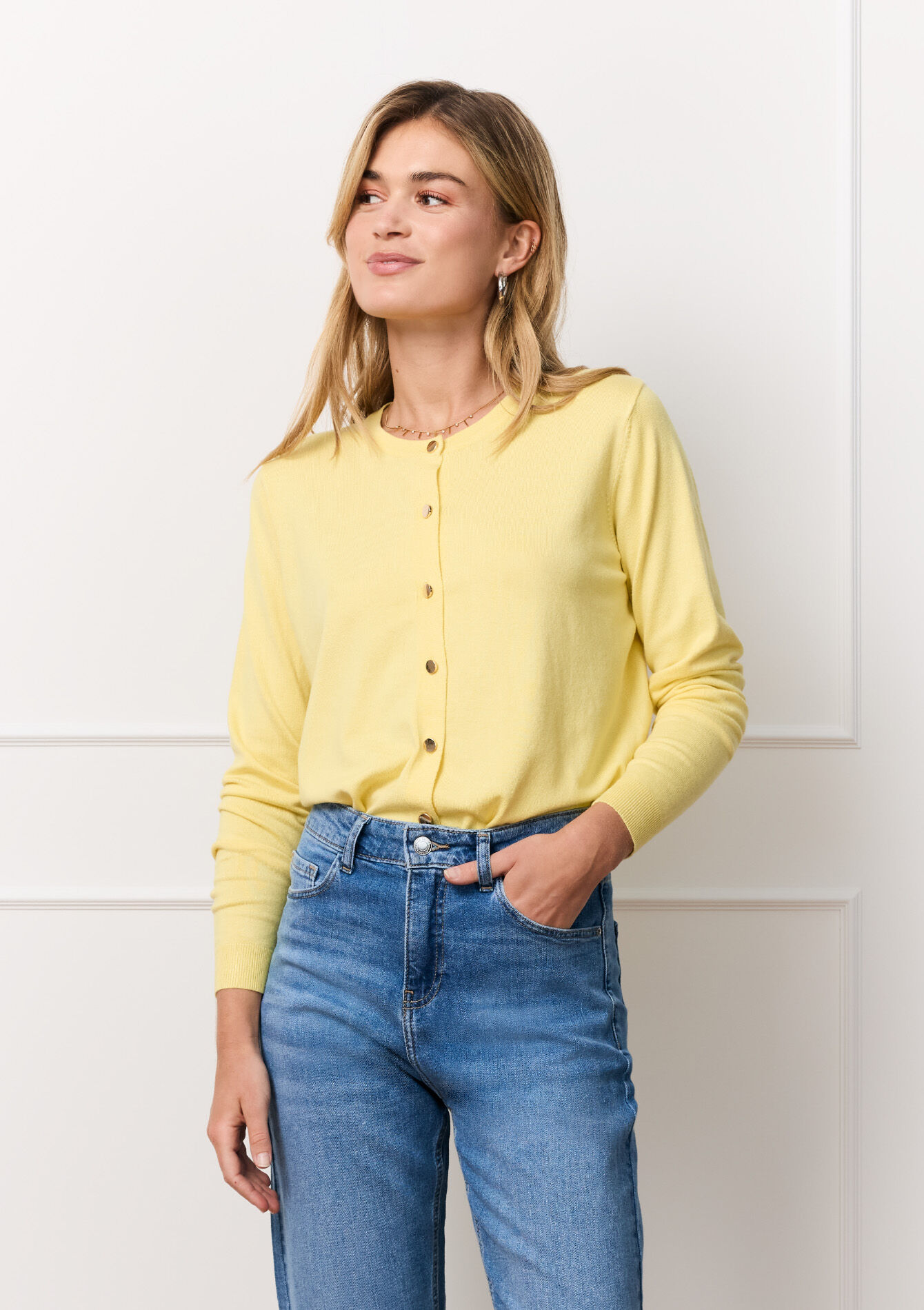 Cardigan met ronde hals, Cardigan met ronde hals - YELLOW PASTEL - 04101232_5004