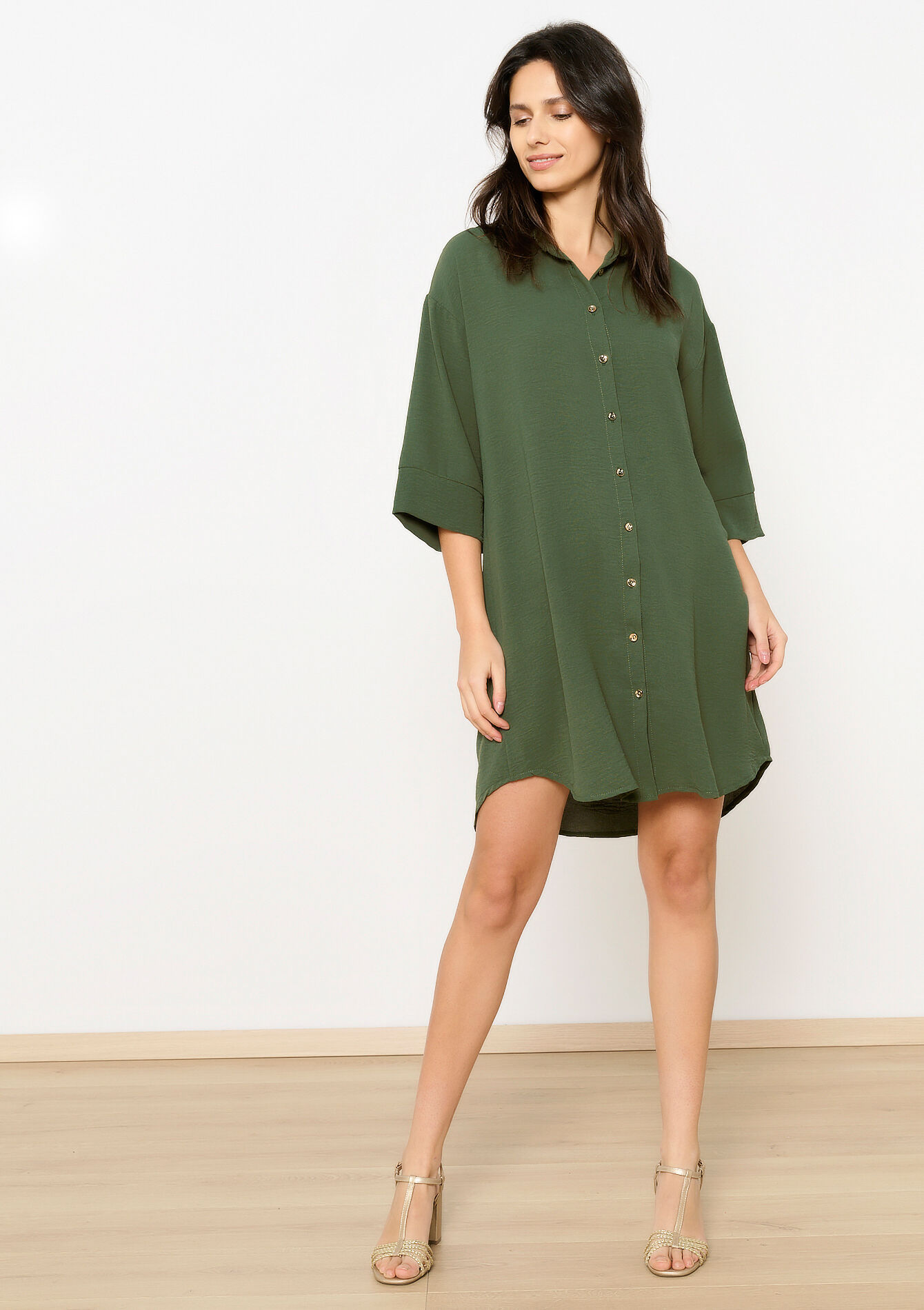 Hemdjurk met driekwartsmouwen - KHAKI MED - 08103993_4327