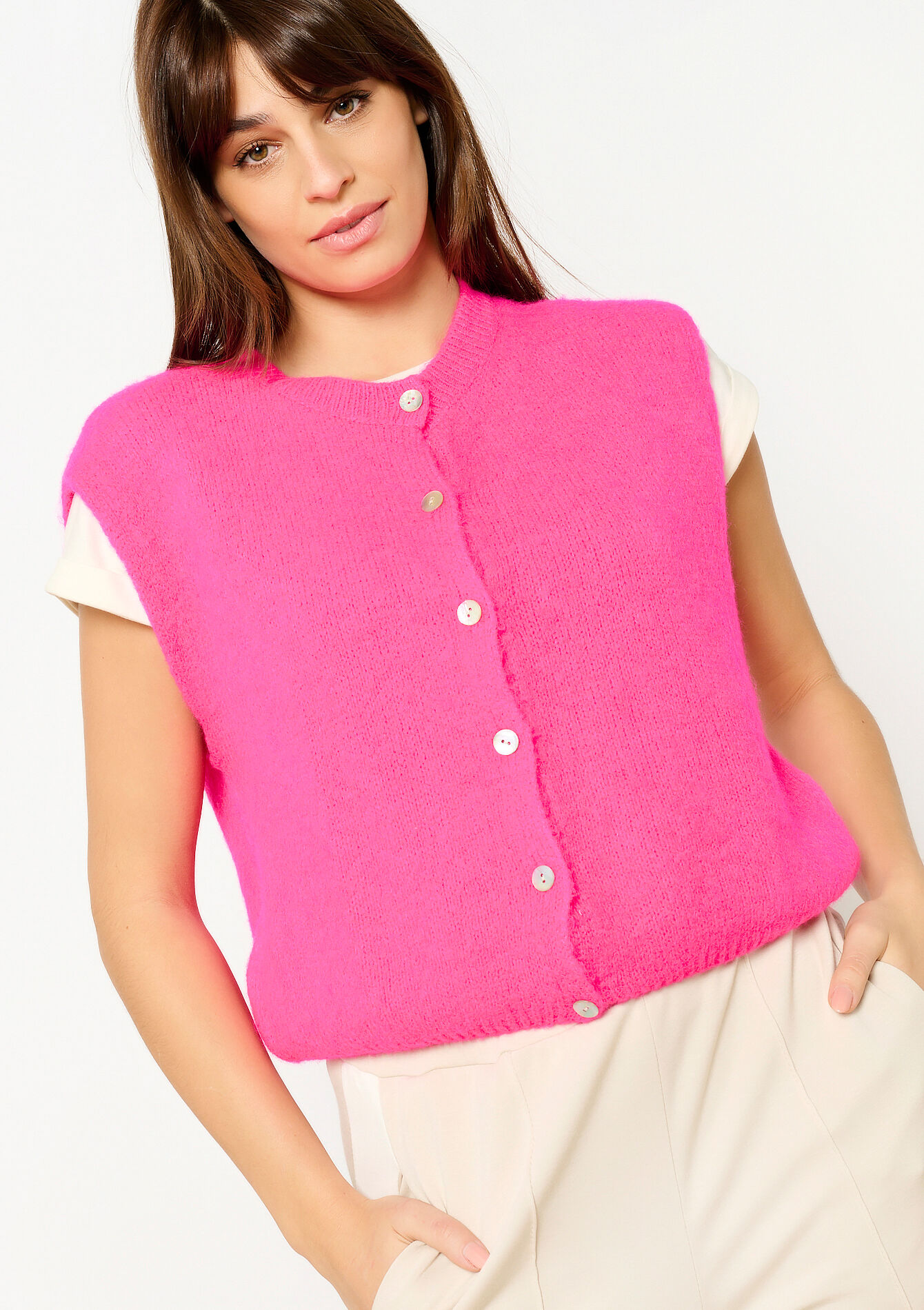 Sleeveless cardigan in alpaca wool - FLUO PINK - 04101283_5727