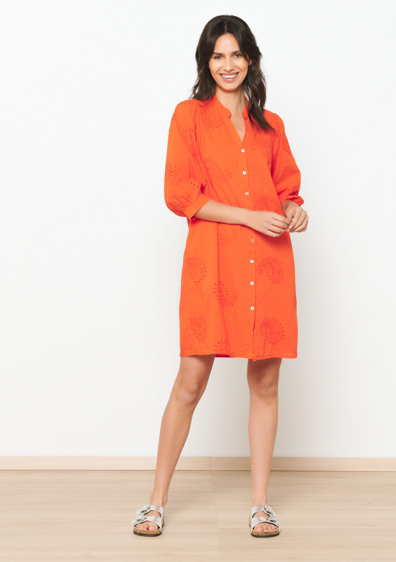Robe-chemise avec broderie, Robe-chemise avec broderie - ORANGE BRIGHT - 08103649_1255