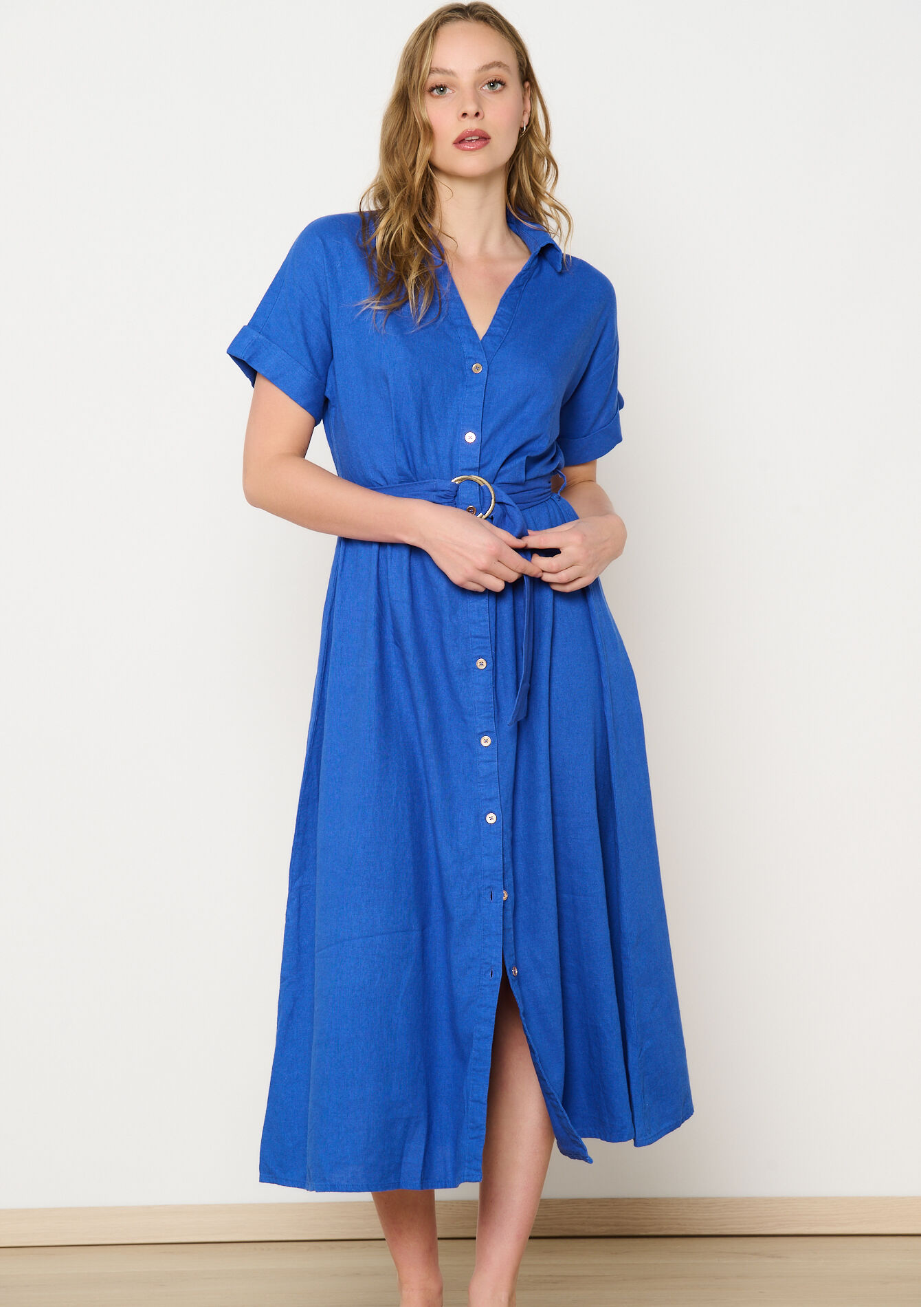Linen shirt dress with belt, Linen shirt dress with belt - ELECTRIC BLUE - 08103885_1619