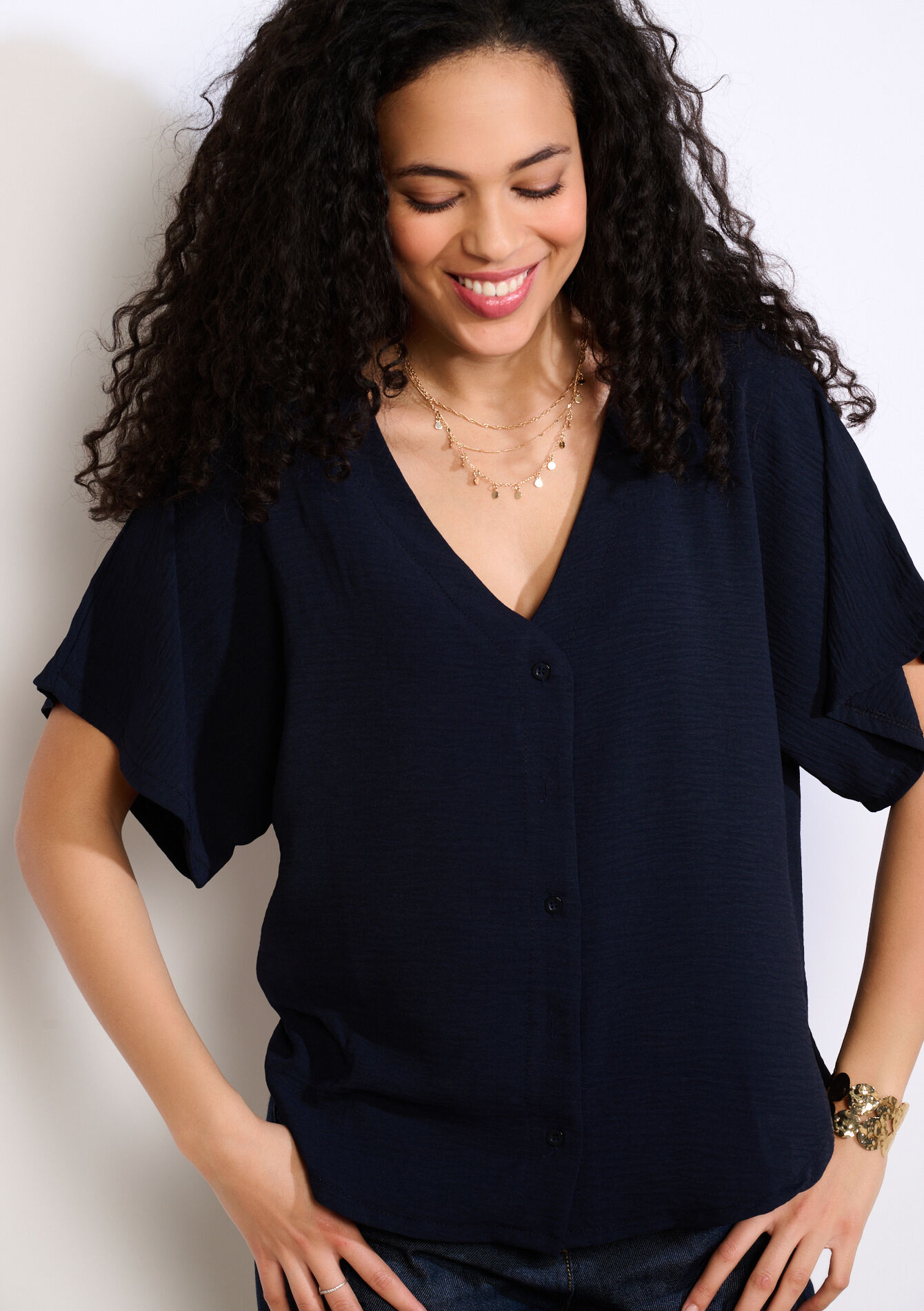 Losvallende blouse met korte mouwen - NAVY BASIC - 05703048_2723