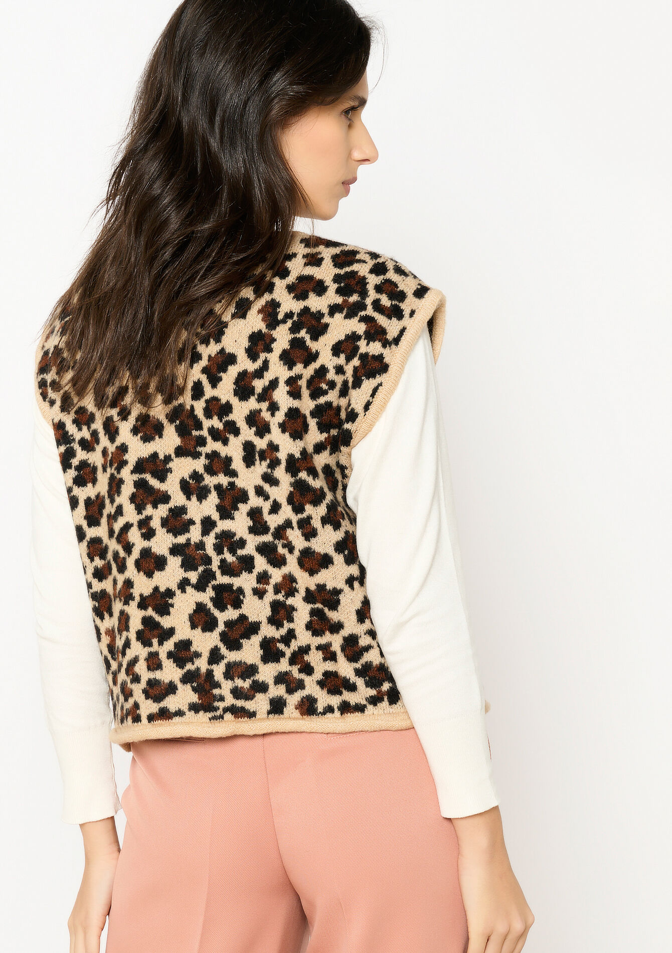 Mouwloze cardigan met luipaardprint, Mouwloze cardigan met luipaardprint - CAMEL - 04101279_950