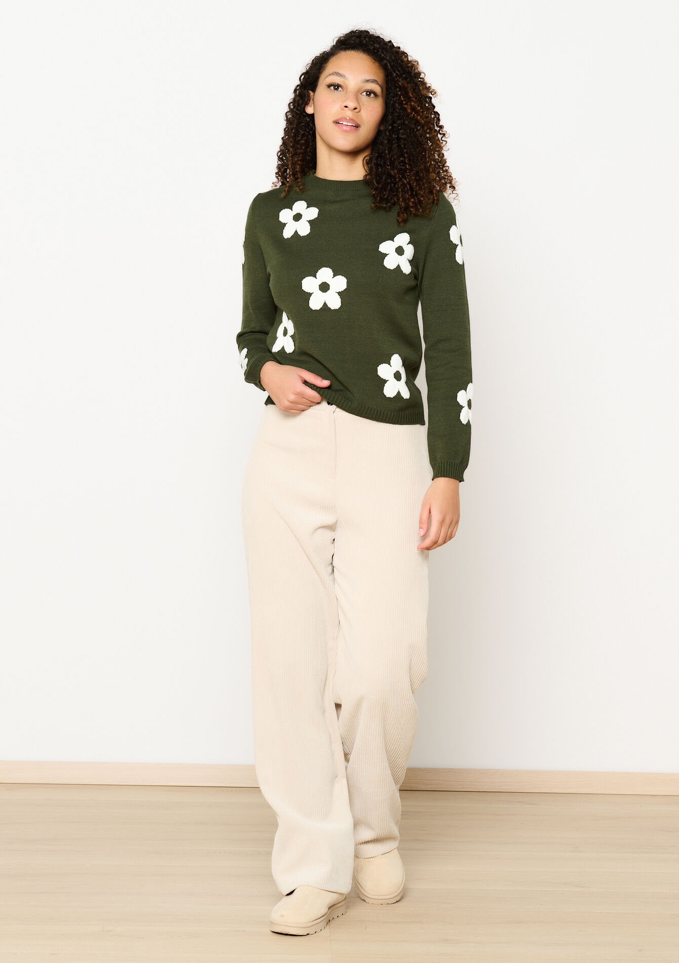 Trui met bloemen, Trui met bloemen - KHAKI MED - 04006757_4327