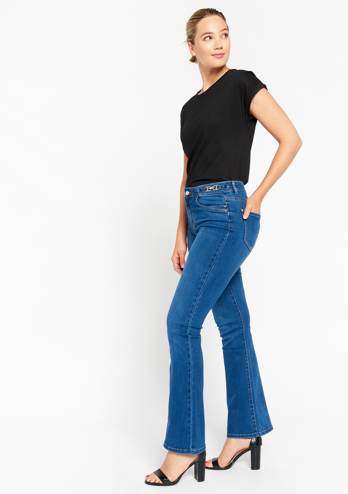 Bootcut jeans with buckle detail, undefined - MEDIUM BLUE - undefined