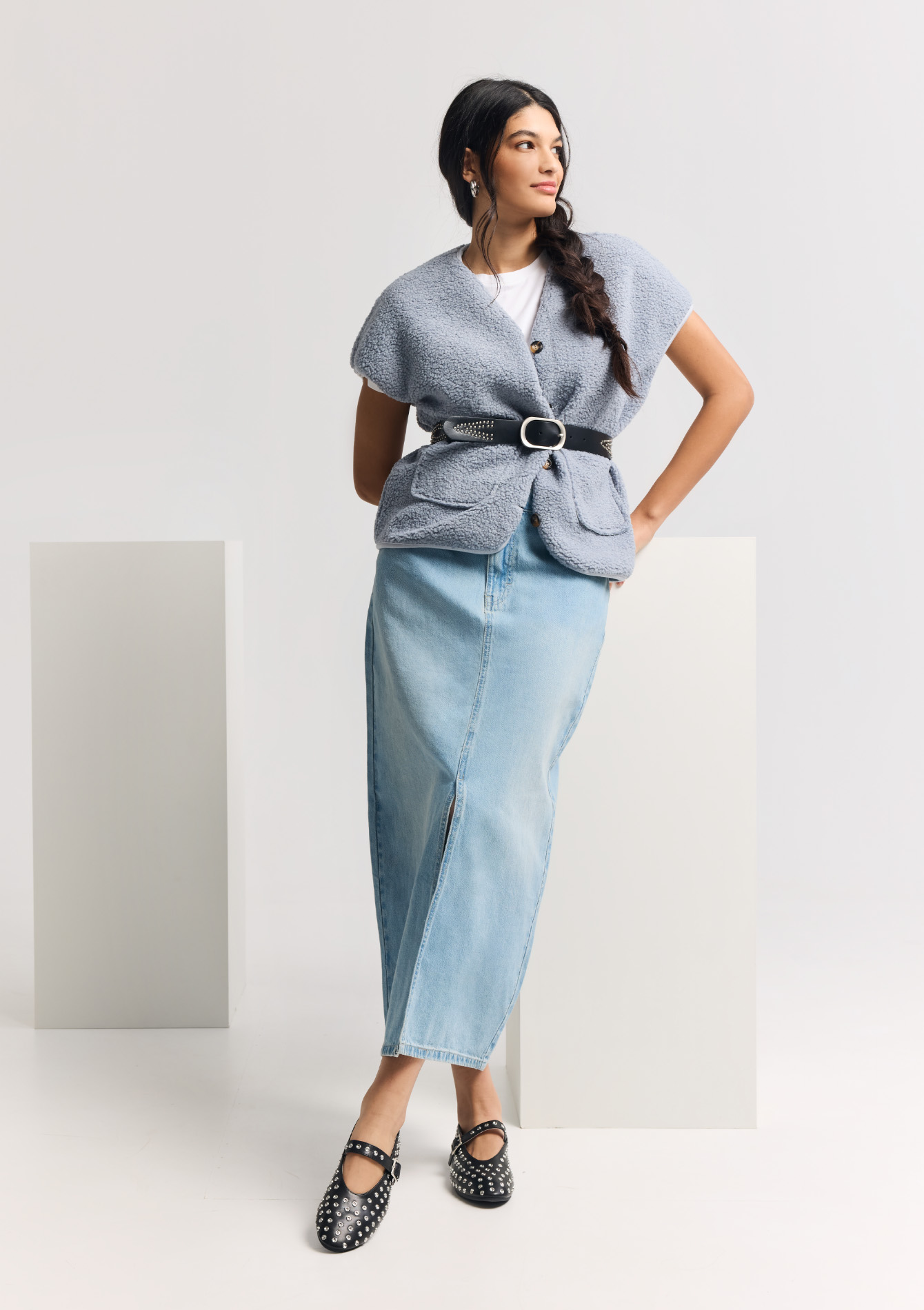 Jupe longue en denim, undefined - BLUE BLEACHED - undefined