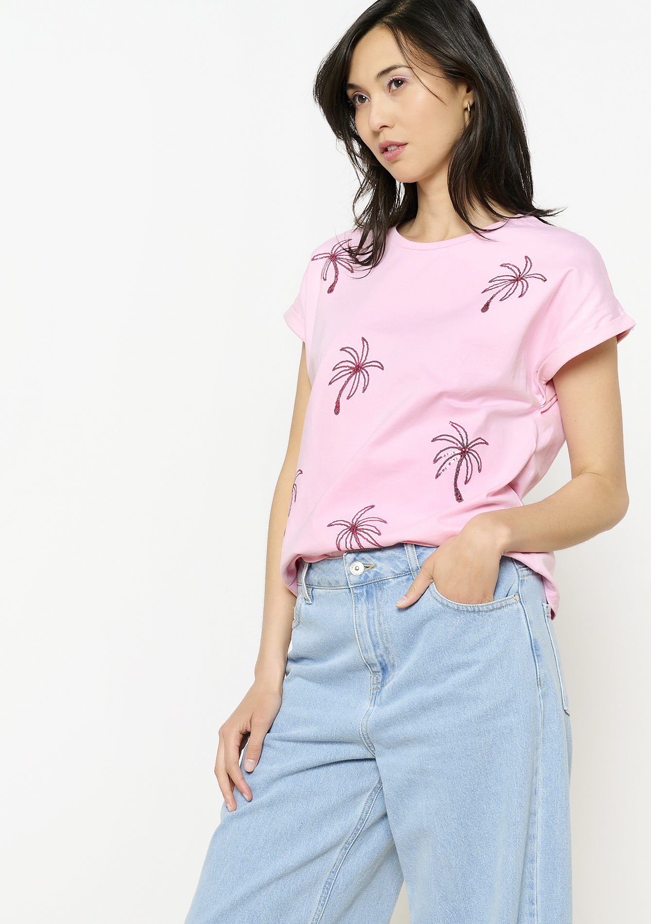 T-shirt palmiers pailletés, undefined - PINK BUBBLEGUM - undefined