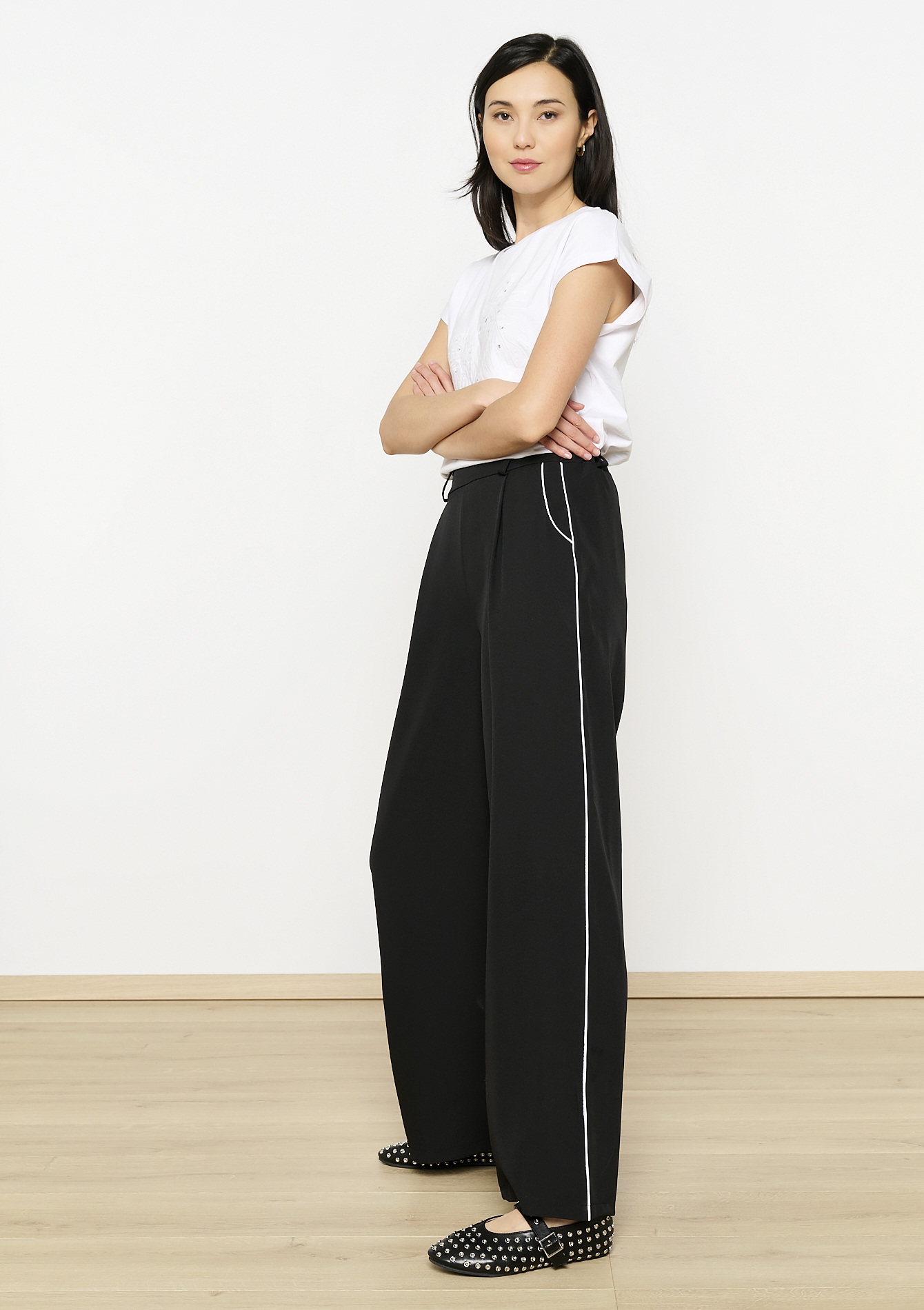 Pantalon fluide contrasté, undefined - BLACK - undefined