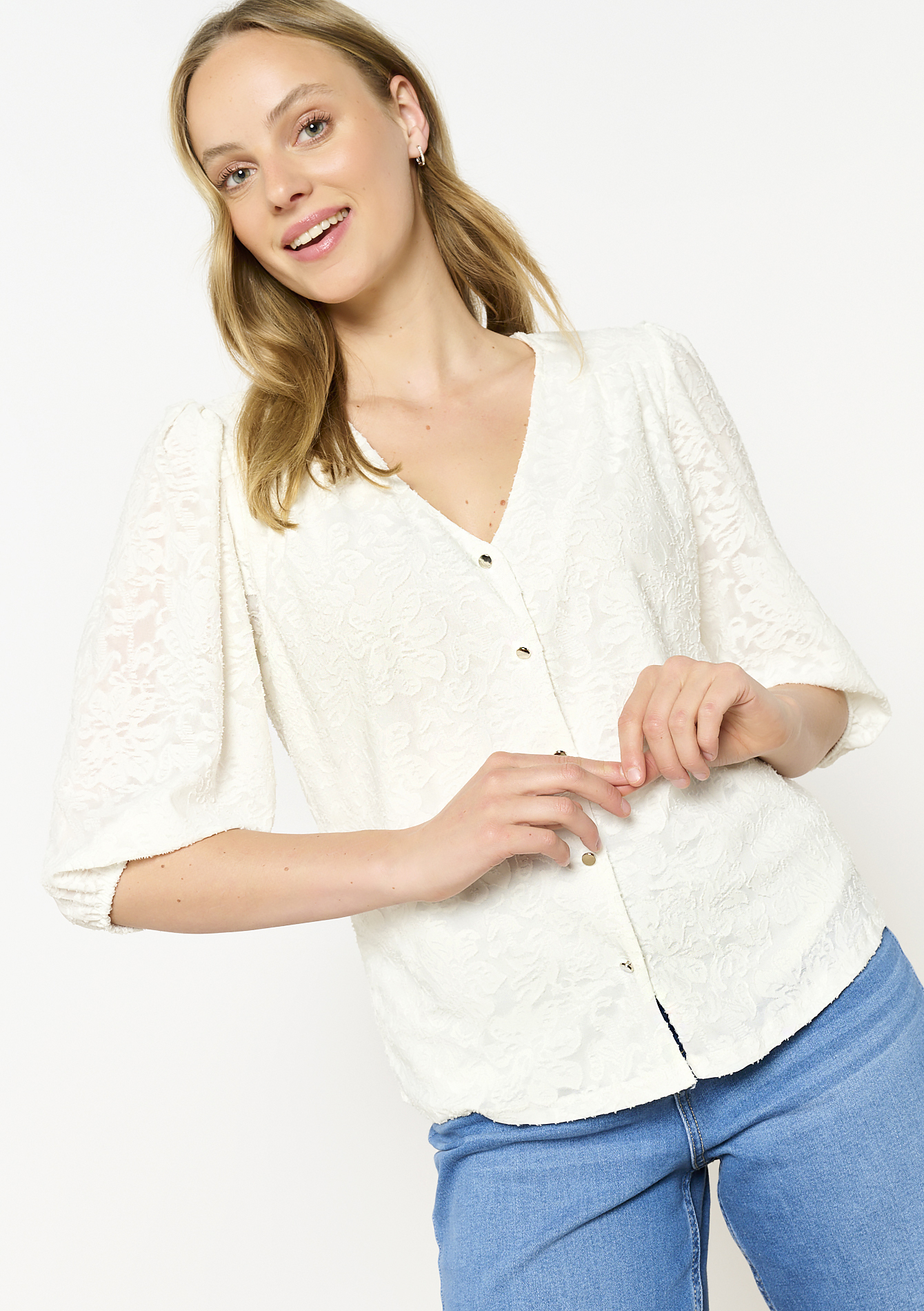 Sheer lace buttoned top, undefined - OPTICAL WHITE - undefined