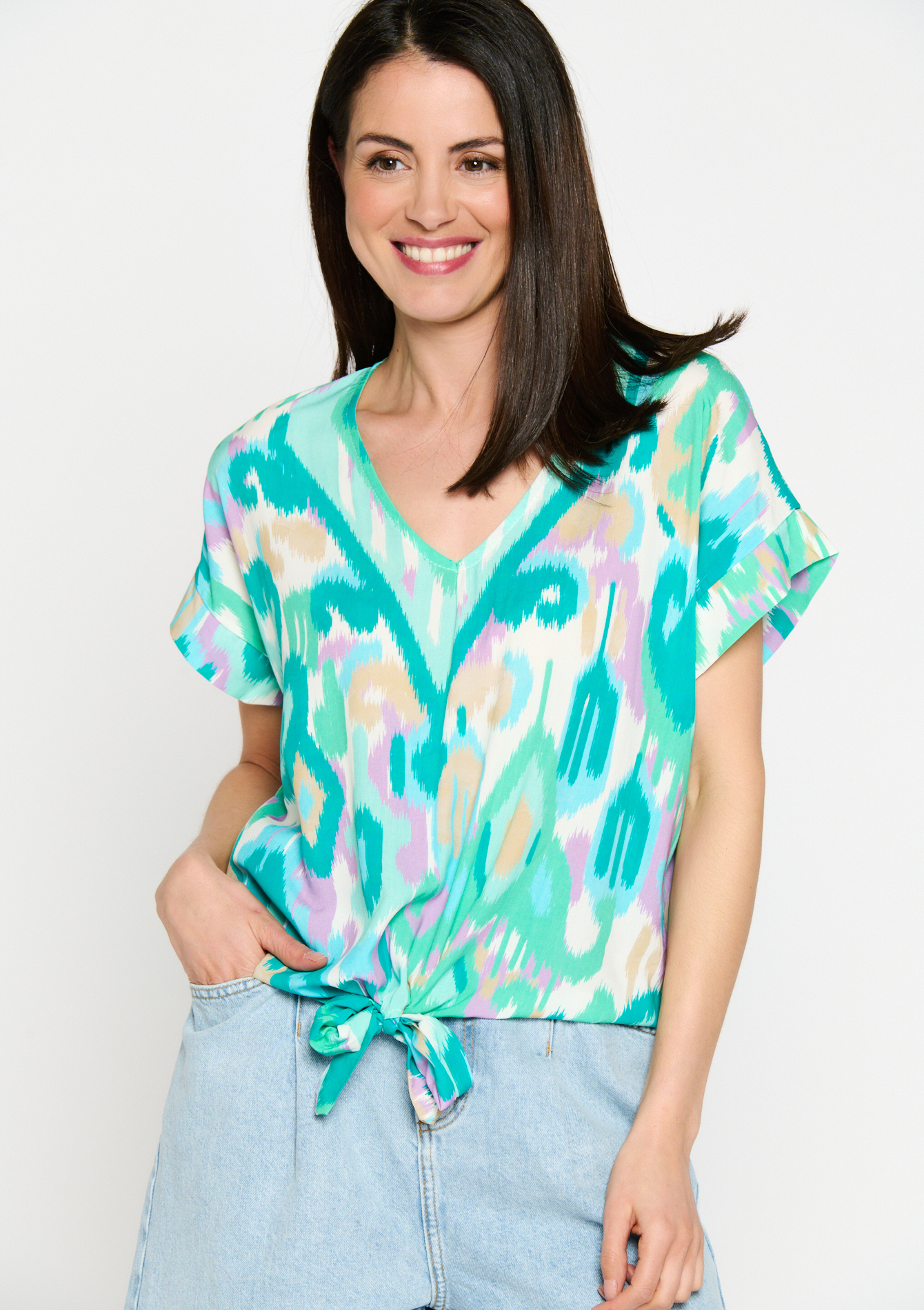 Blouse with ikat print, undefined - TURQUOISE - undefined