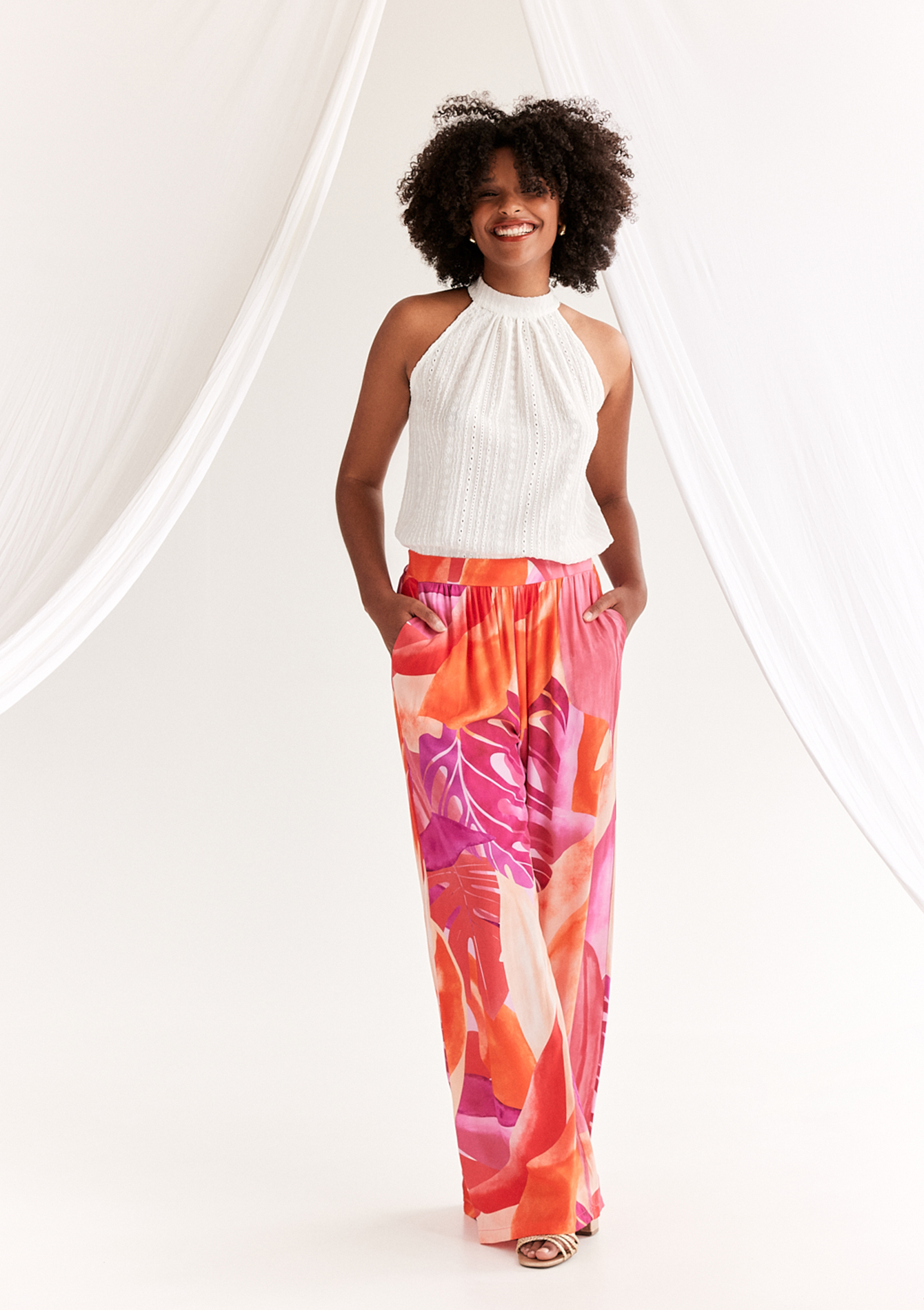 Loose trousers with print, undefined - ORANGE BRIGHT - undefined