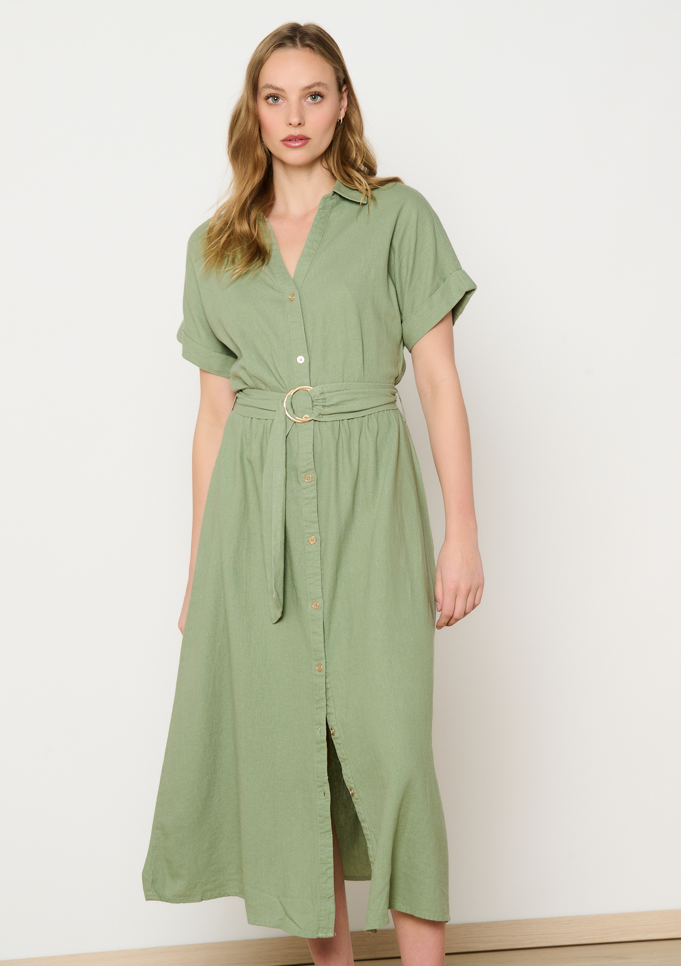 Linen shirt dress with belt, undefined - KHAKI FADED - undefined