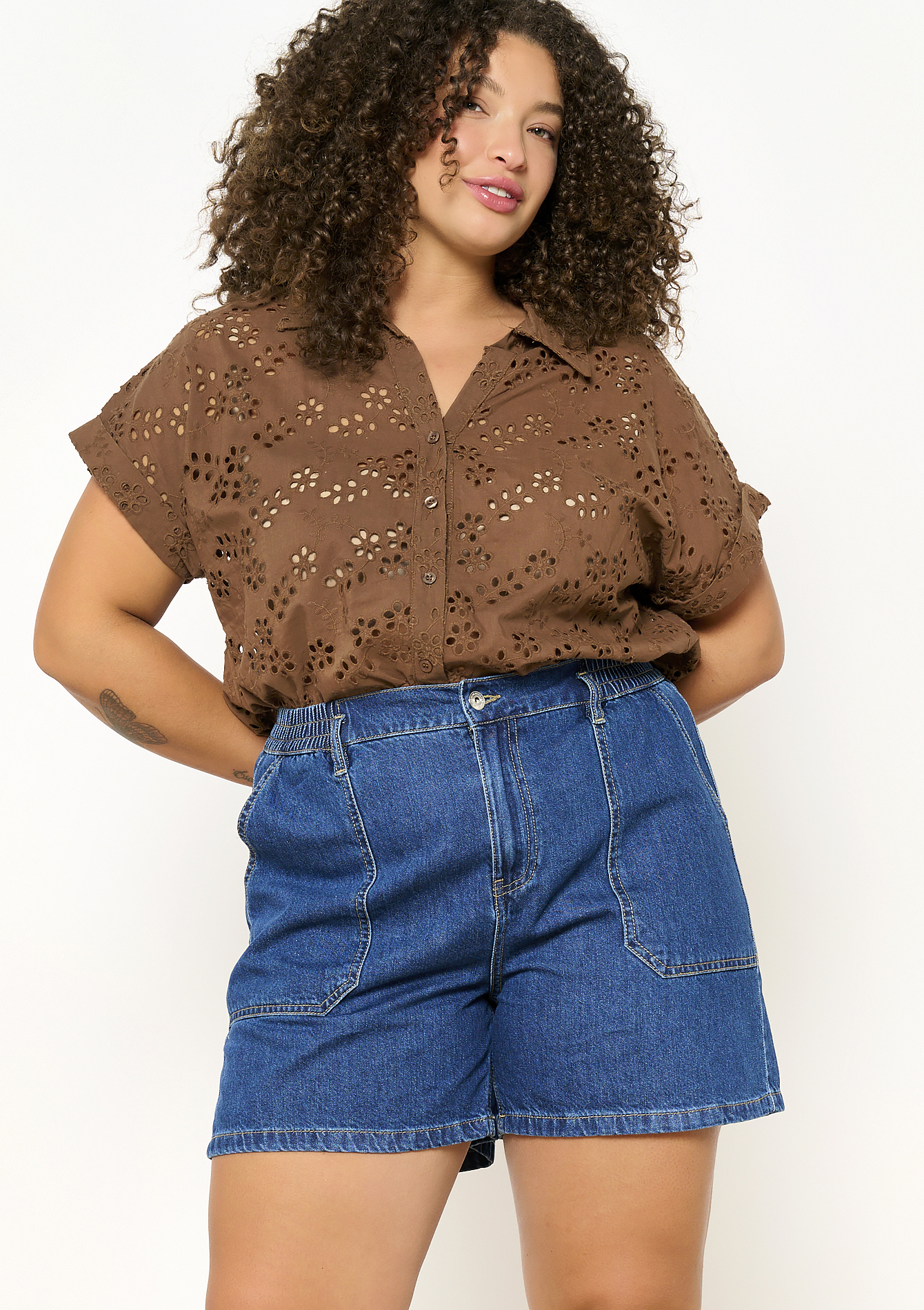 Short taille haute en denim, undefined - MEDIUM BLUE - undefined