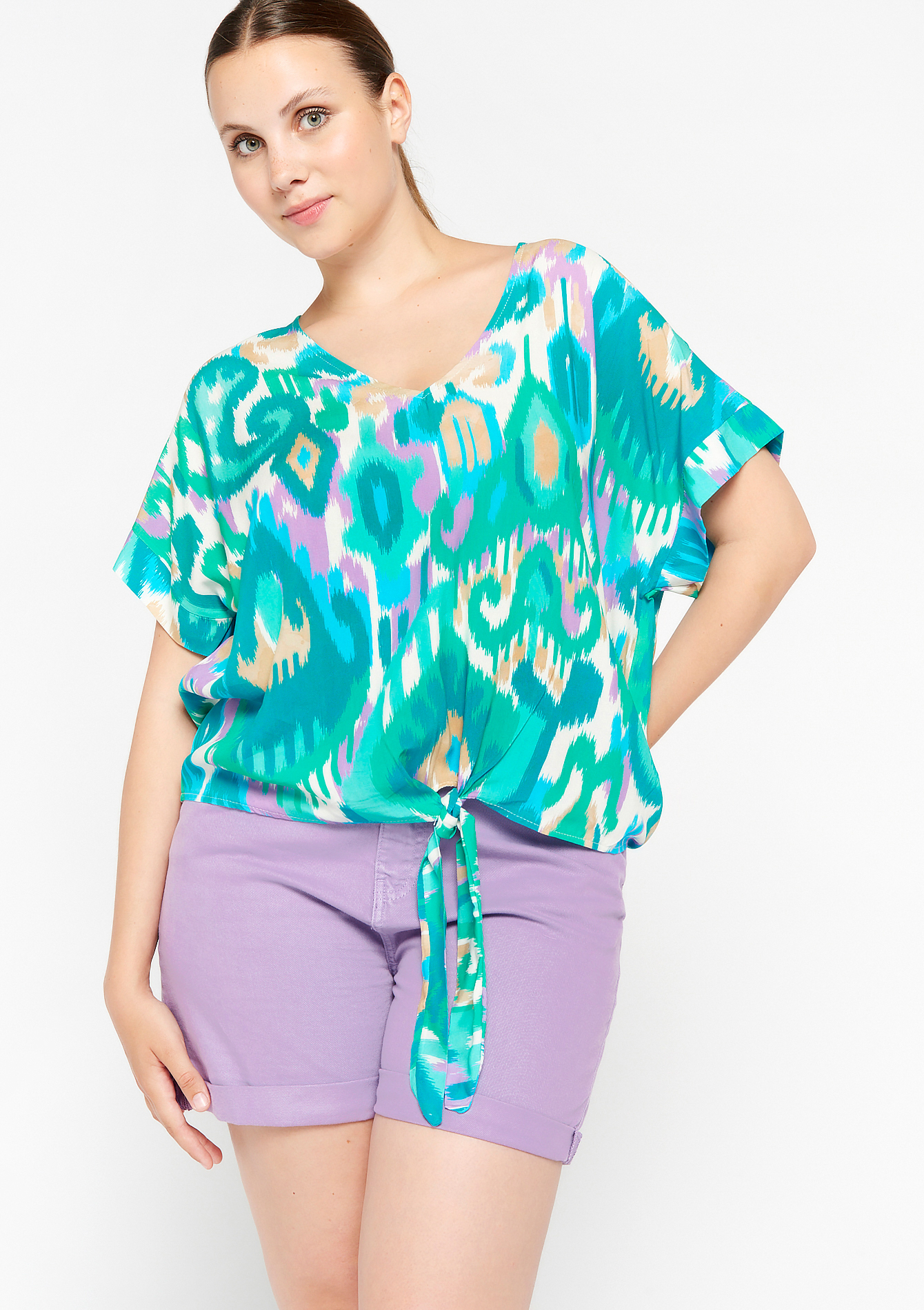 Blouse with ikat print, undefined - TURQUOISE - undefined